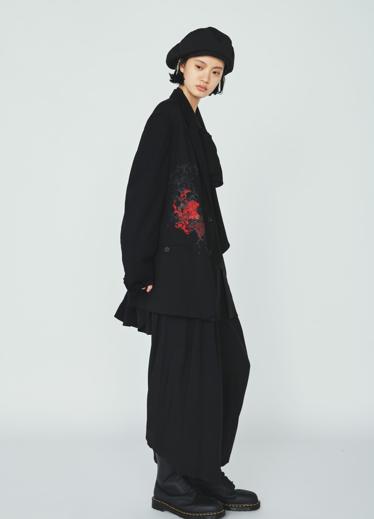 HIGH-TWIST TA/VIS “Y” LETTER AND RED FLOWER PRINT ASYMMETRIC JACKET