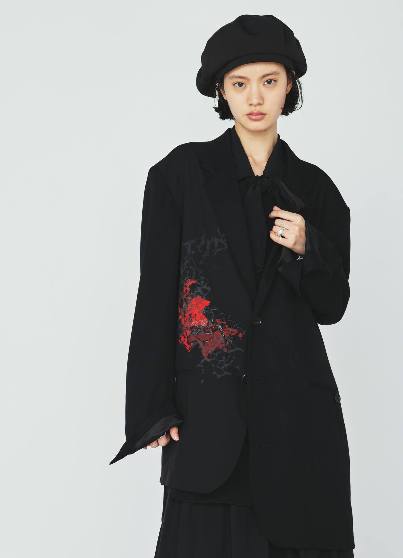 HIGH-TWIST TA/VIS “Y” LETTER AND RED FLOWER PRINT ASYMMETRIC JACKET