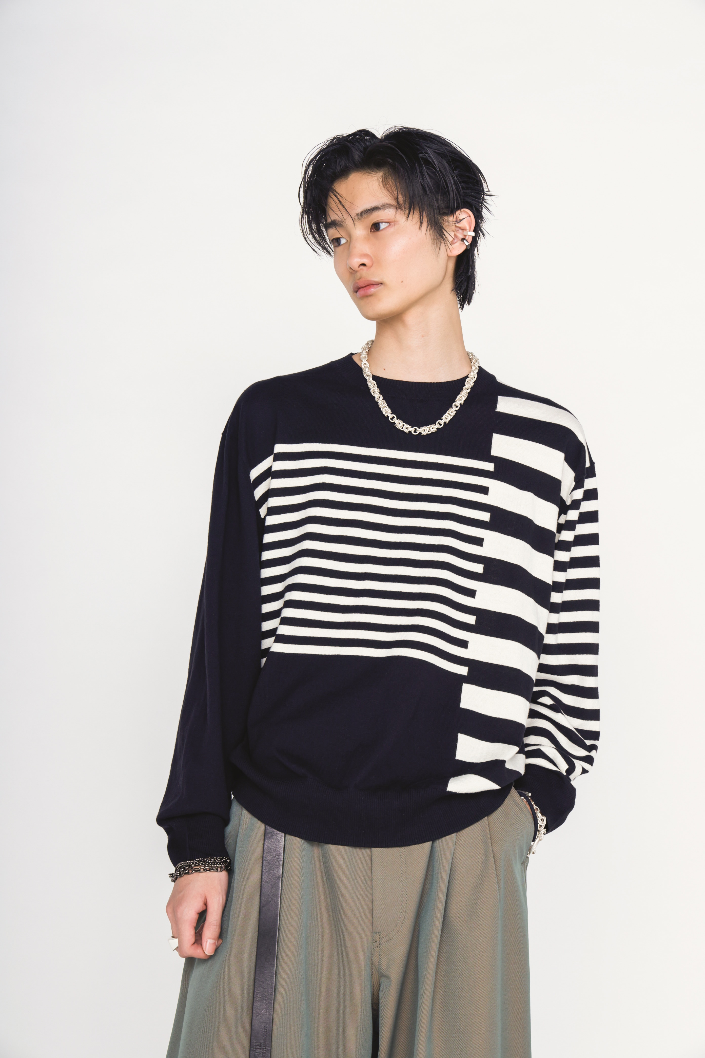 COTTON HIGH-TWIST INTARSIA BORDER PULLOVER