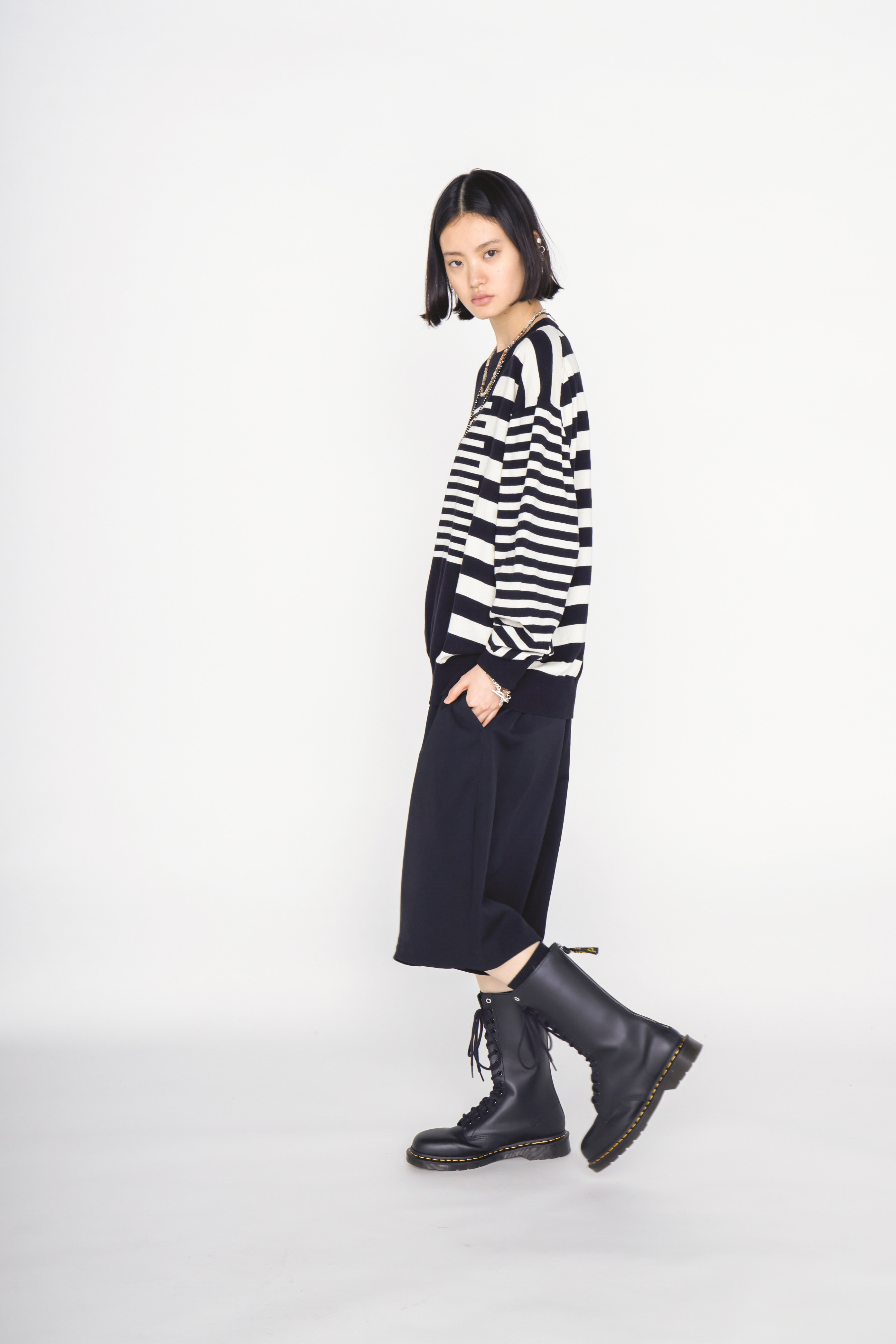 COTTON HIGH-TWIST INTARSIA BORDER PULLOVER