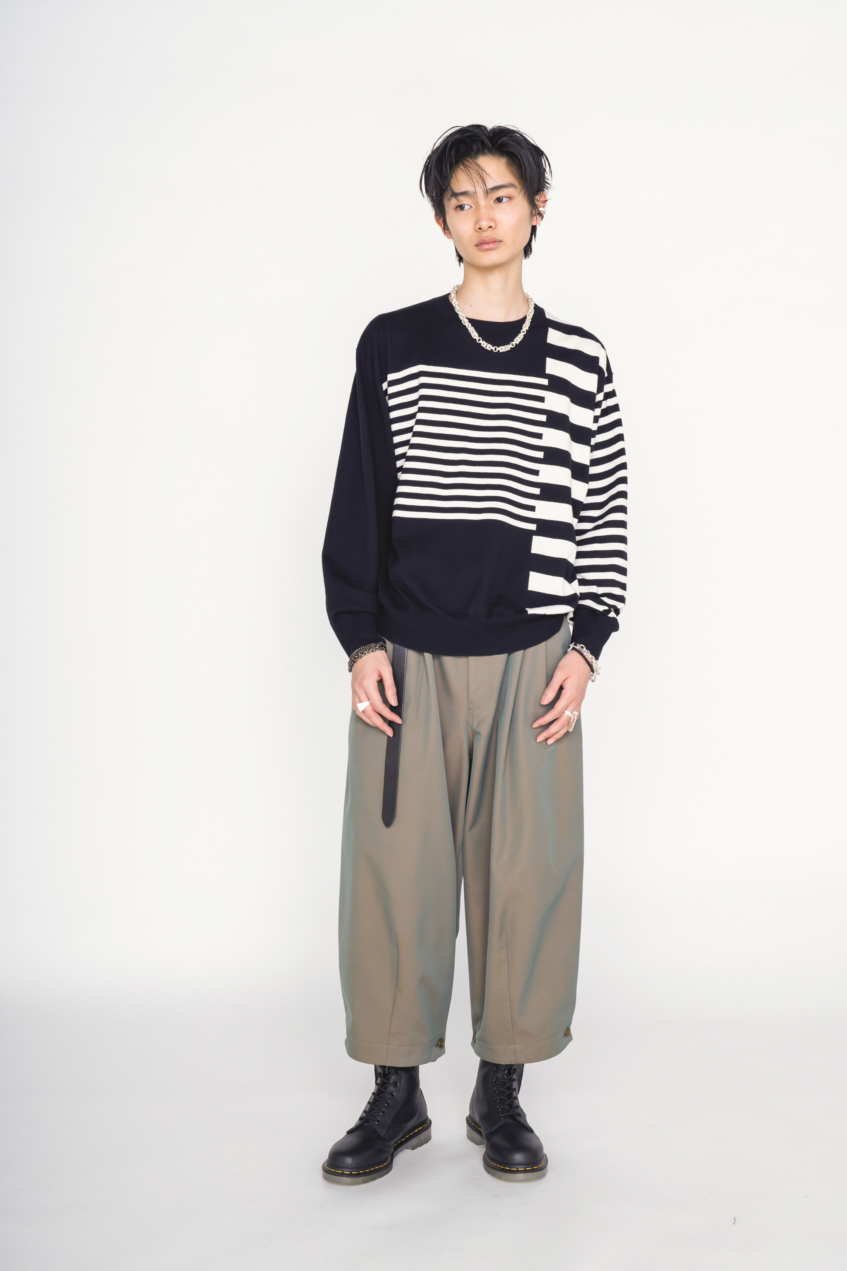 COTTON HIGH-TWIST INTARSIA BORDER PULLOVER