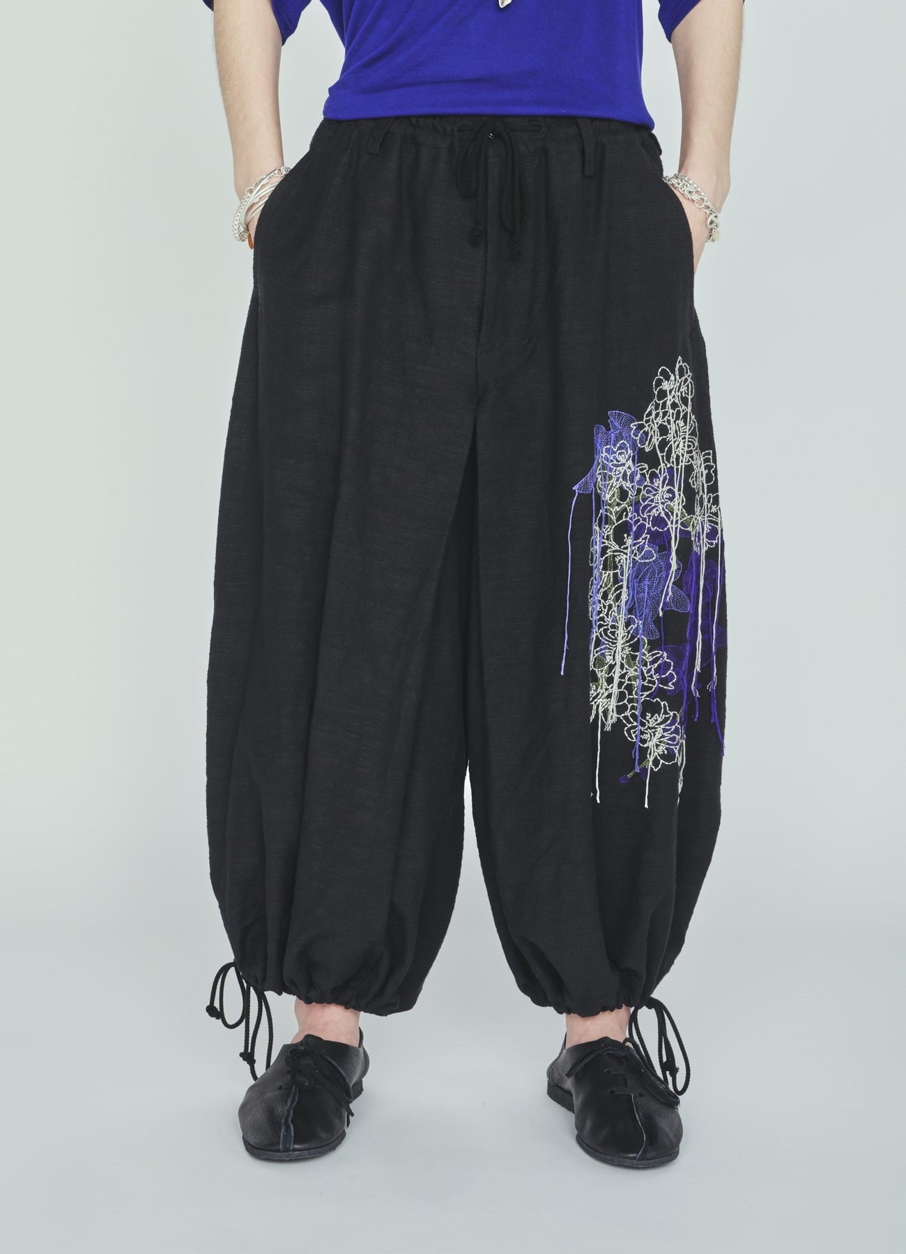 COTTON/LINEN FLOWER EMBROIDERY HAKAMA BALLOON PANTS
