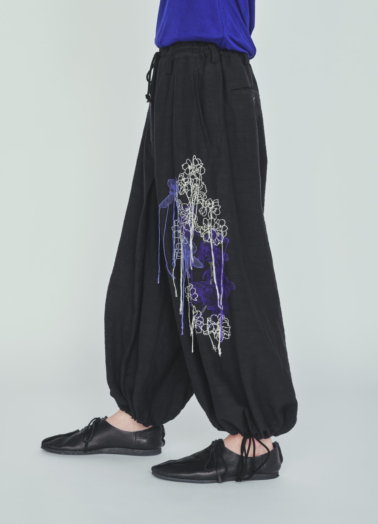 COTTON/LINEN FLOWER EMBROIDERY HAKAMA BALLOON PANTS