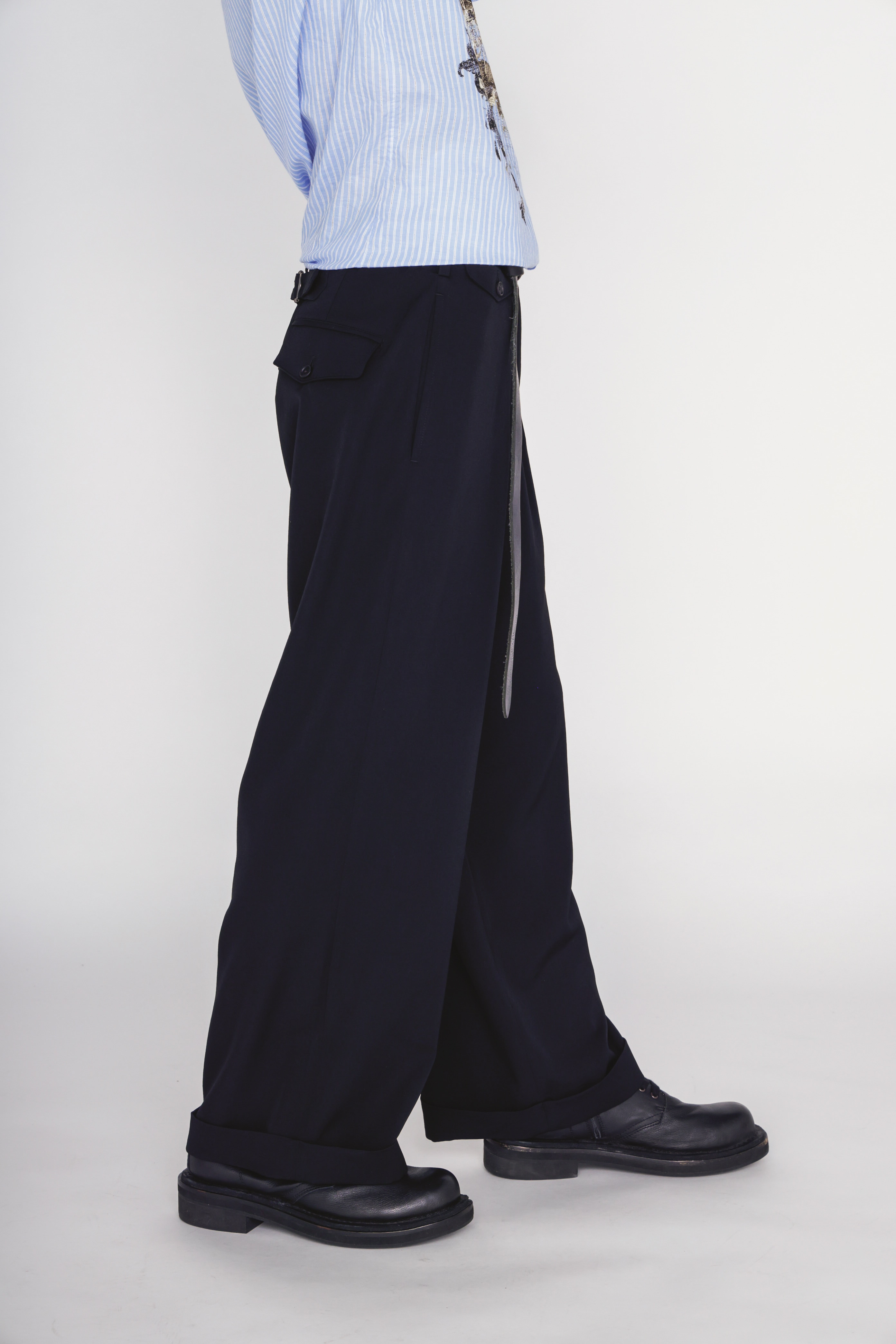 WASHER WOOL GABARDINE CINCH BACK BAGGY PANTS