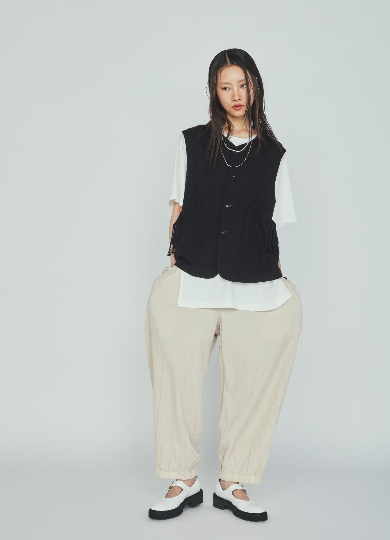 Cotton-Linen Poplin GATHERED POCKET ELASTIC HEM PANTS