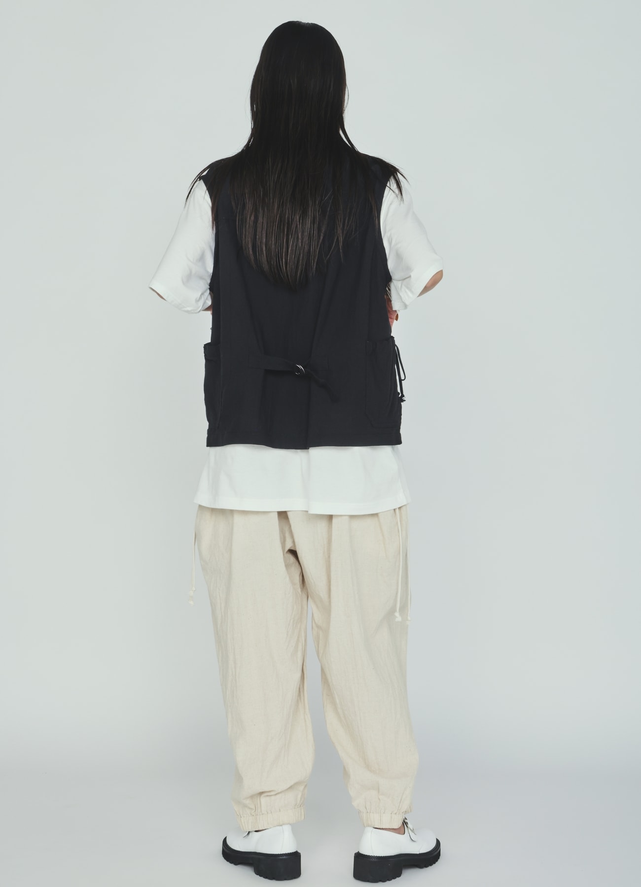 Cotton-Linen Poplin GATHERED POCKET ELASTIC HEM PANTS