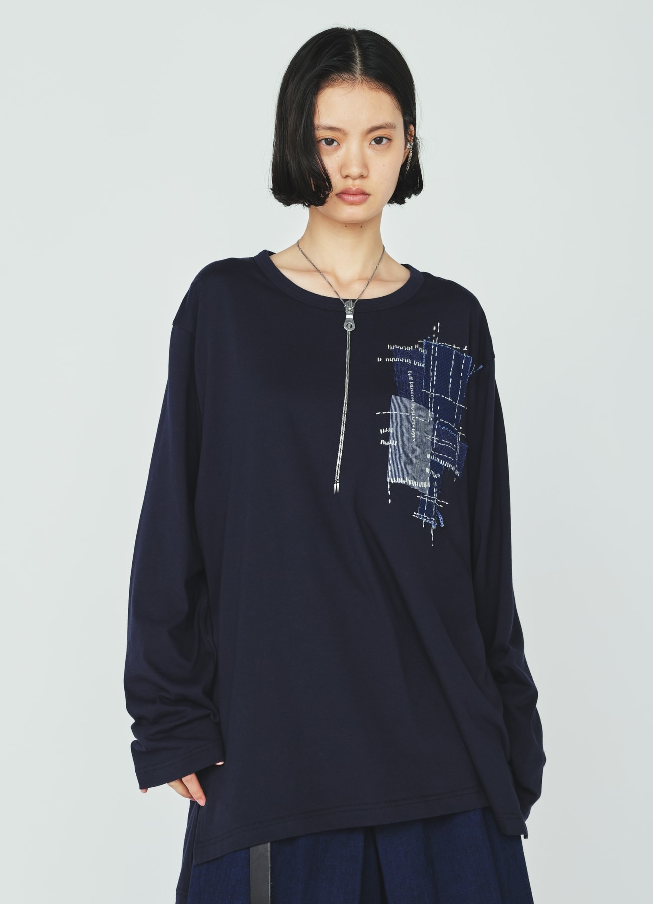 30/COTTON JERSEY SASHIKO EMBROIDERY LONG T-SHIRT