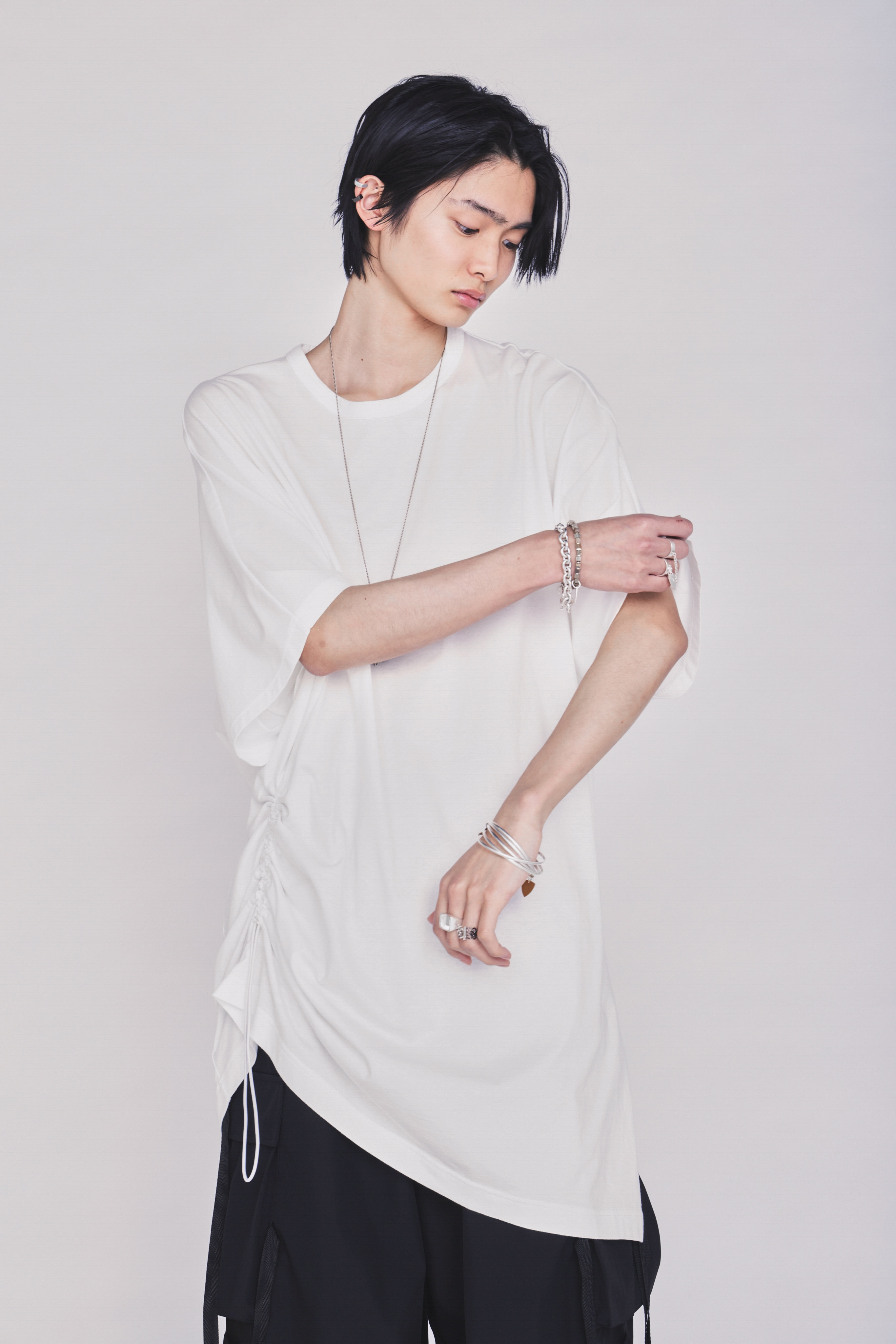 30/COTTON JERSEY ELASTIC DRAWSTRING GATHERED T-SHIRT