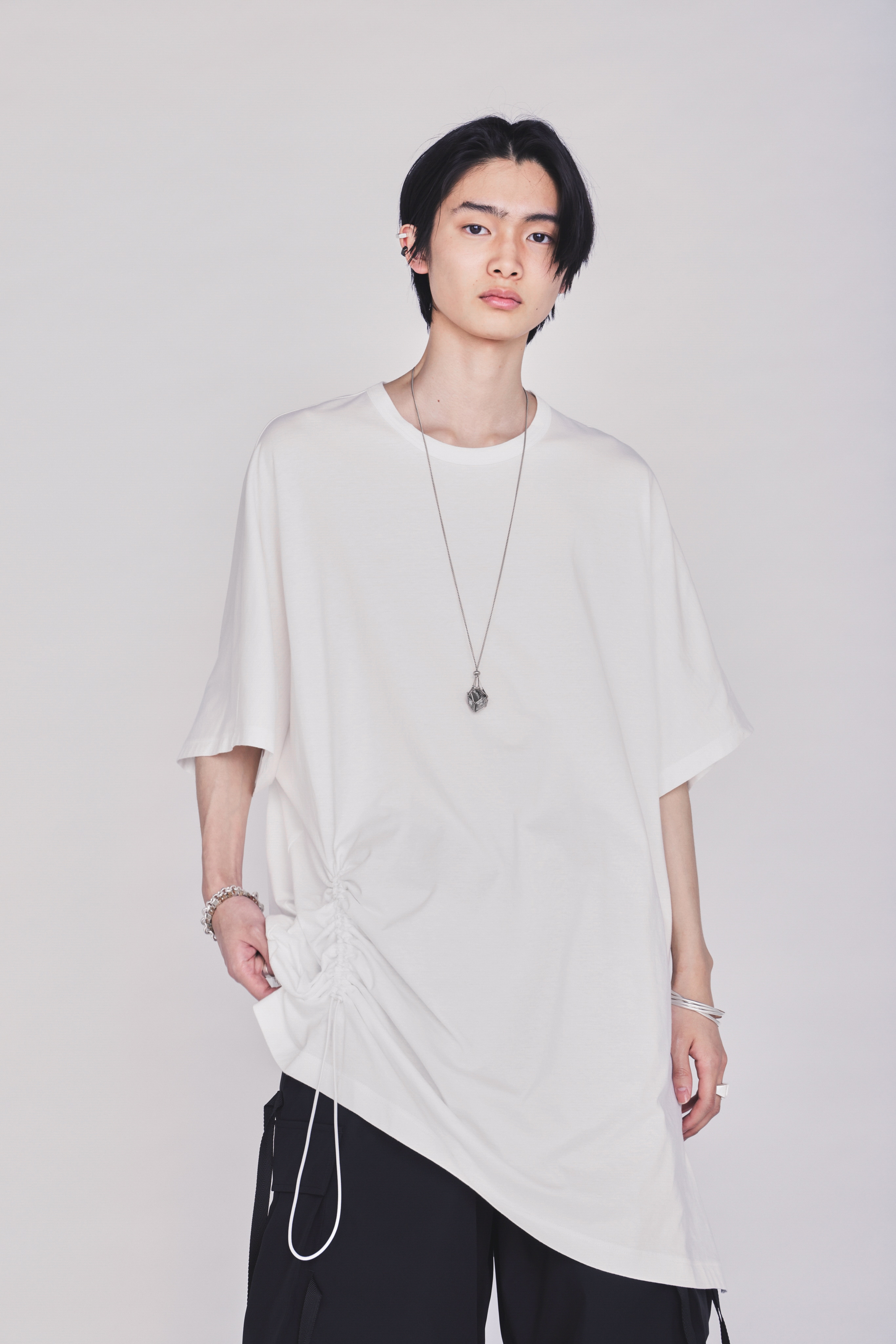 30/COTTON JERSEY ELASTIC DRAWSTRING GATHERED T-SHIRT