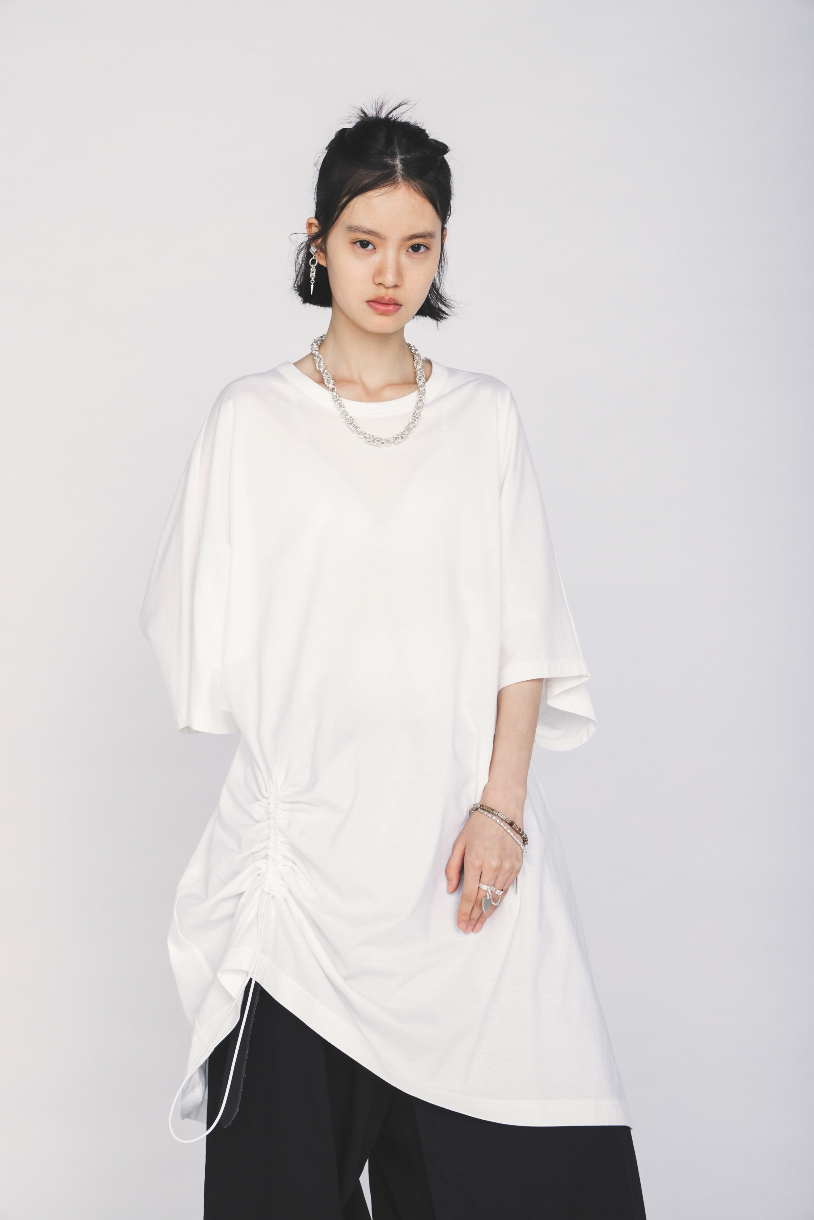 30/COTTON JERSEY ELASTIC DRAWSTRING GATHERED T-SHIRT