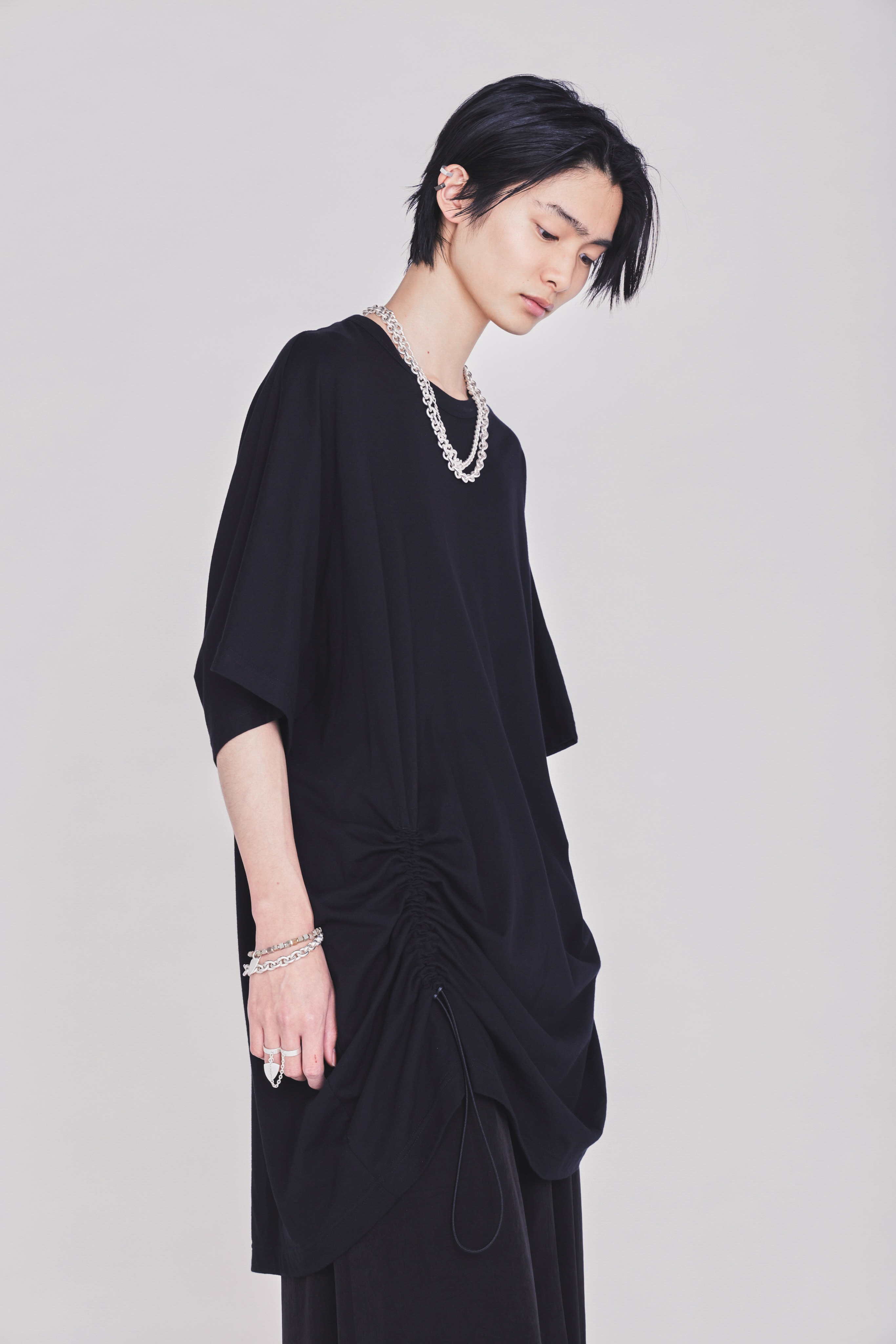 30/COTTON JERSEY ELASTIC DRAWSTRING GATHERED T-SHIRT