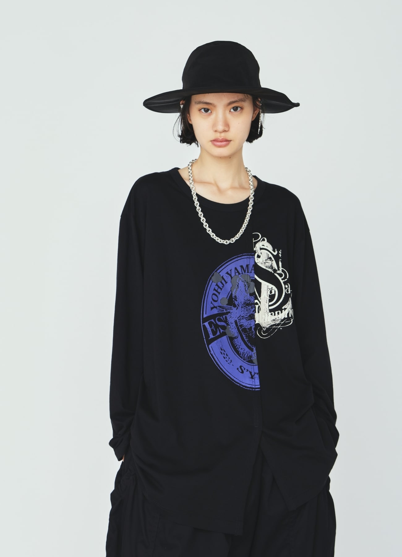 30S COTTON JERSEY WOLF AND ANCHOR PRINT ASYMMETRIC LONG T-SHIRT
