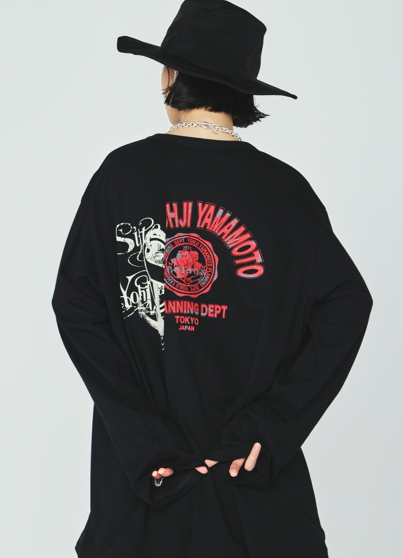 30S COTTON JERSEY WOLF AND ANCHOR PRINT ASYMMETRIC LONG T-SHIRT