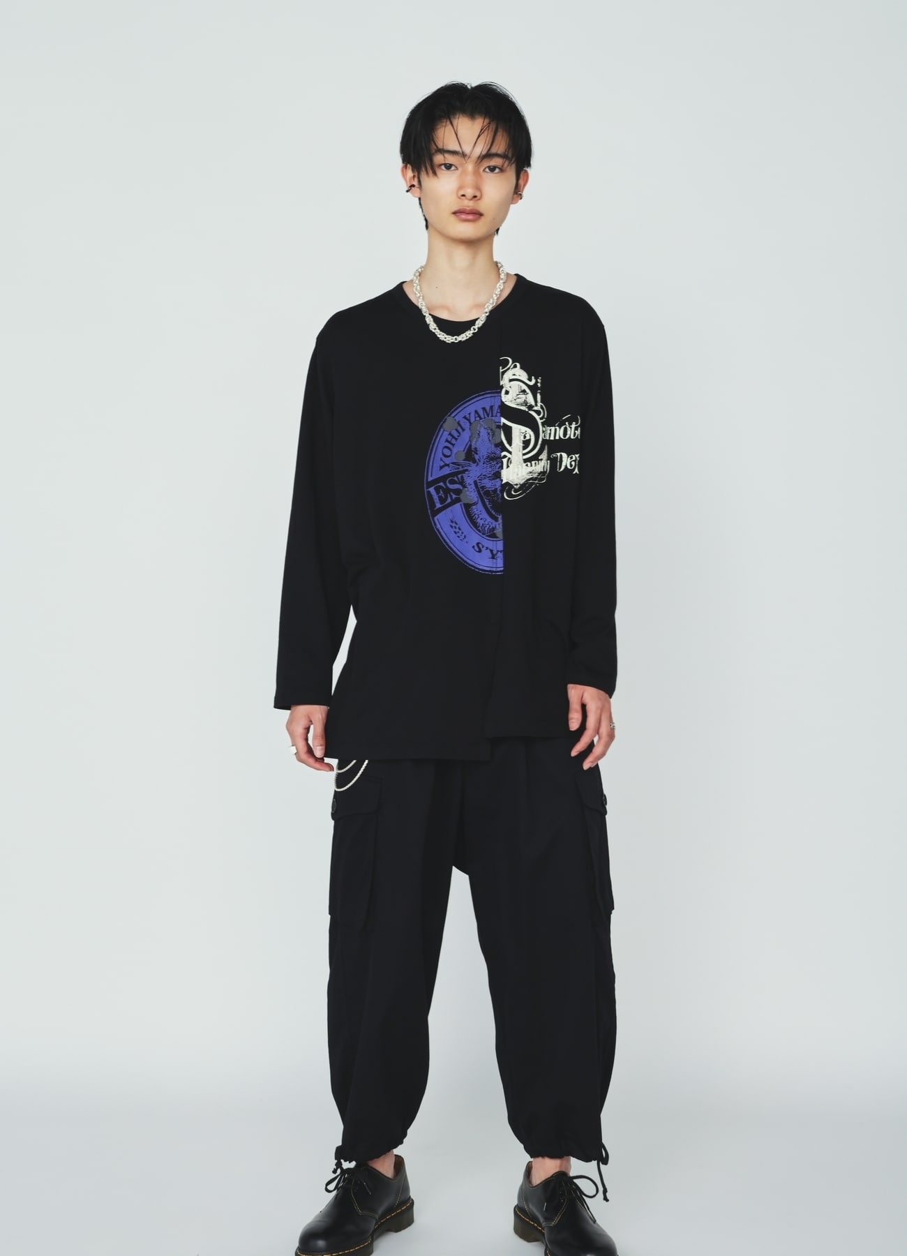 30S COTTON JERSEY WOLF AND ANCHOR PRINT ASYMMETRIC LONG T-SHIRT