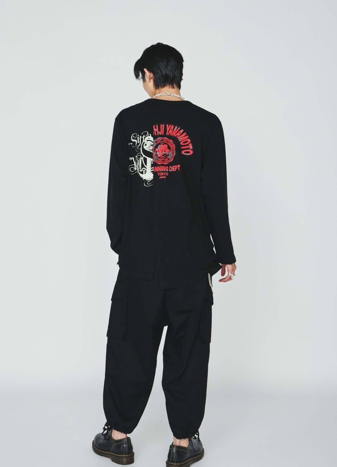 30S COTTON JERSEY WOLF AND ANCHOR PRINT ASYMMETRIC LONG T-SHIRT