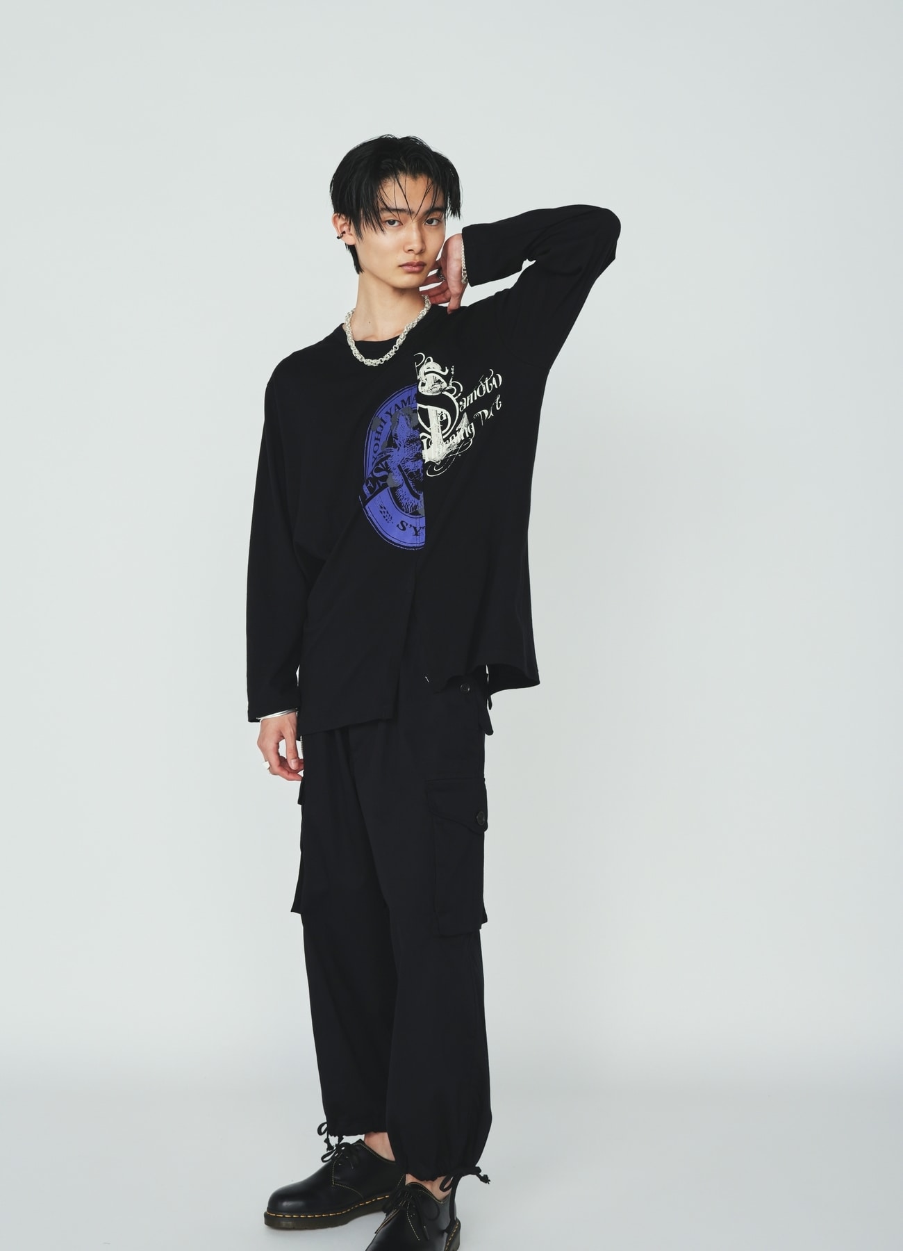 30S COTTON JERSEY WOLF AND ANCHOR PRINT ASYMMETRIC LONG T-SHIRT