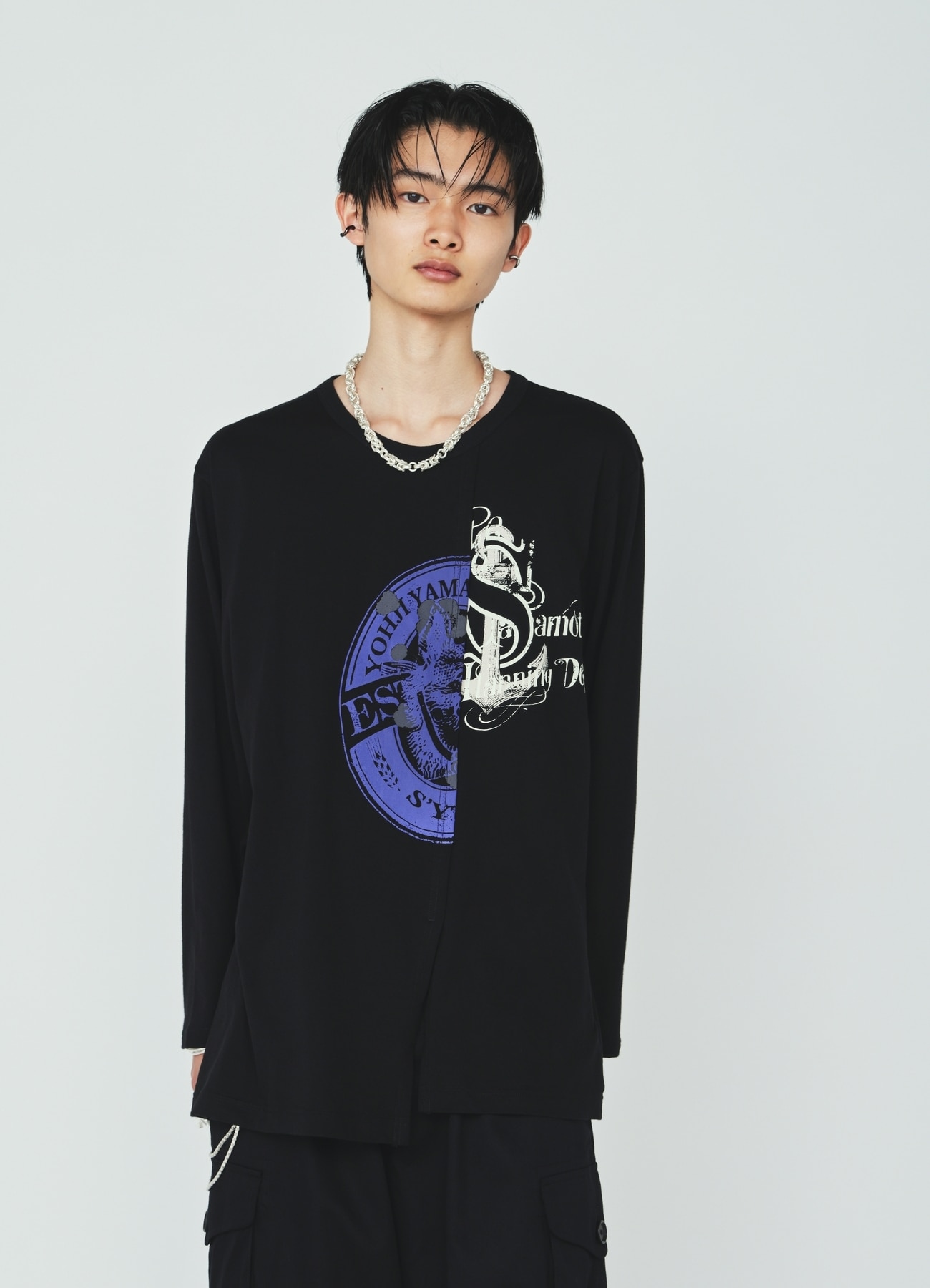 30S COTTON JERSEY WOLF AND ANCHOR PRINT ASYMMETRIC LONG T-SHIRT