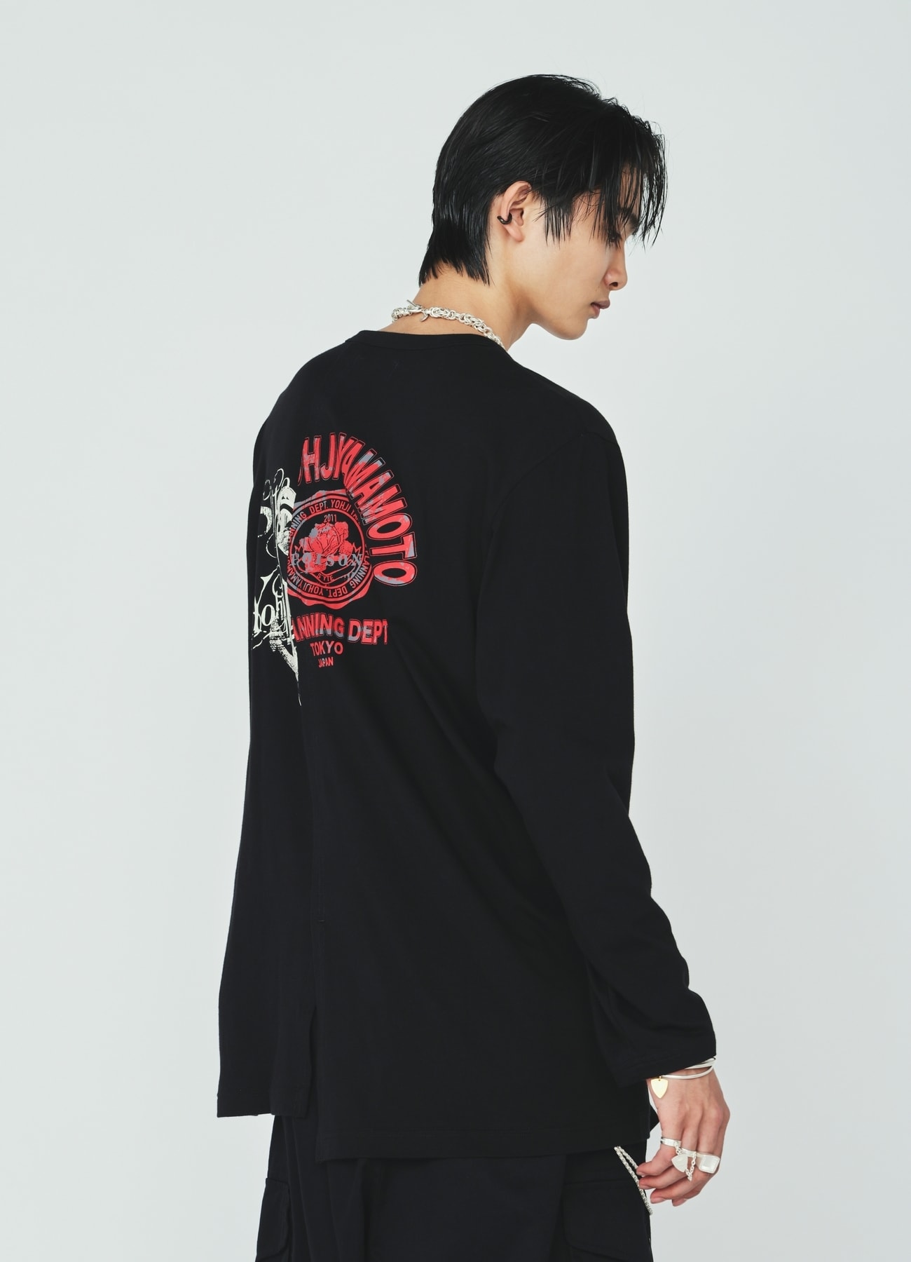 30S COTTON JERSEY WOLF AND ANCHOR PRINT ASYMMETRIC LONG T-SHIRT