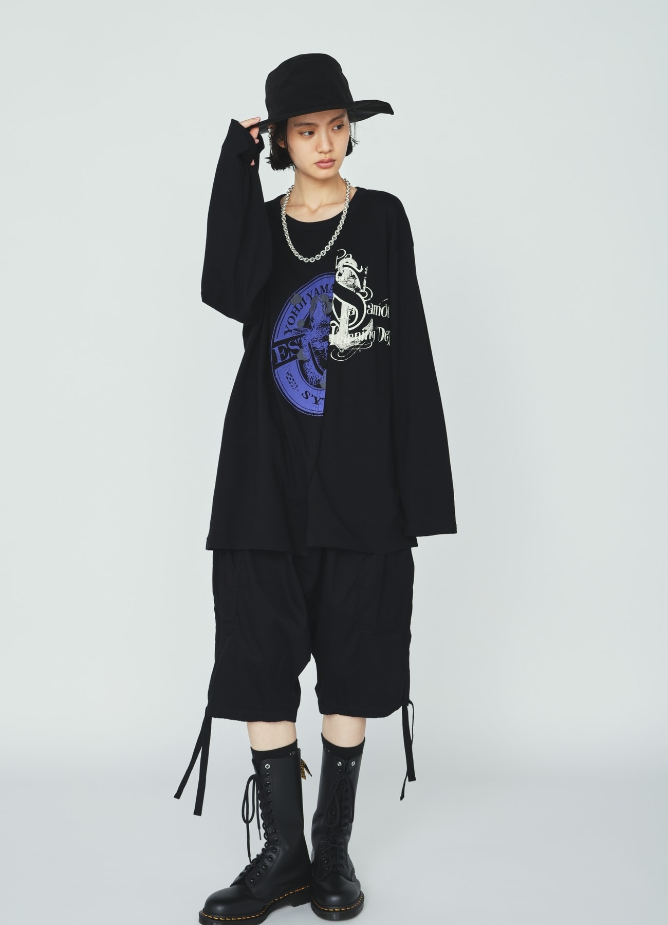 30S COTTON JERSEY WOLF AND ANCHOR PRINT ASYMMETRIC LONG T-SHIRT