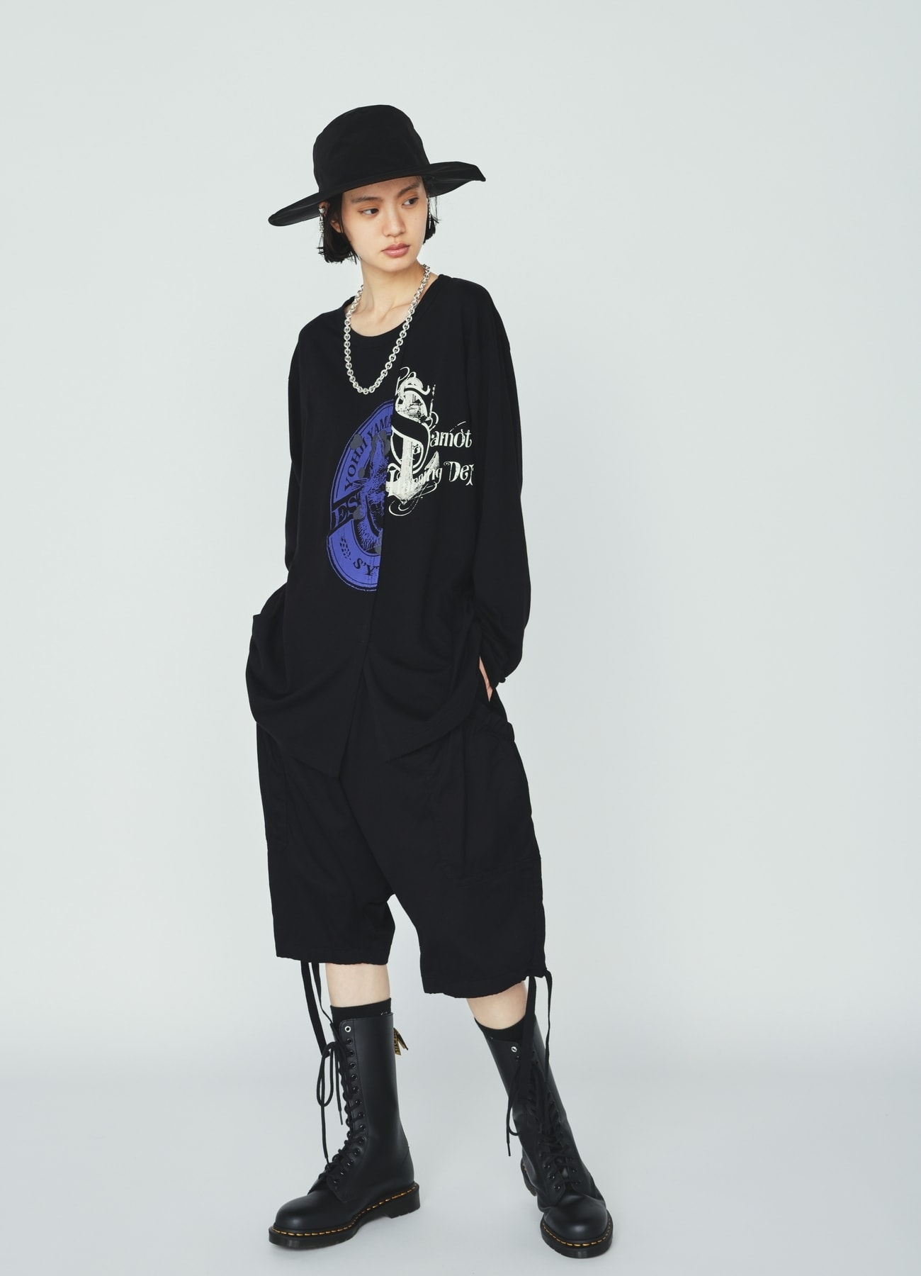 30S COTTON JERSEY WOLF AND ANCHOR PRINT ASYMMETRIC LONG T-SHIRT