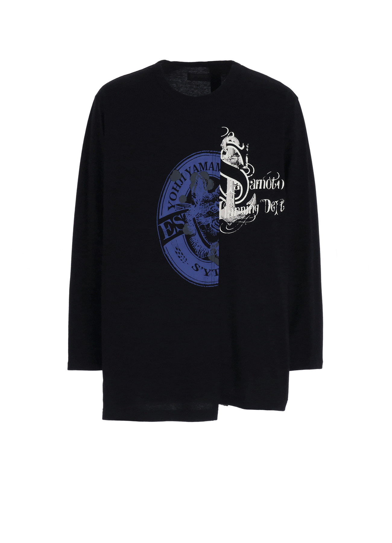 30S COTTON JERSEY WOLF AND ANCHOR PRINT ASYMMETRIC LONG T-SHIRT