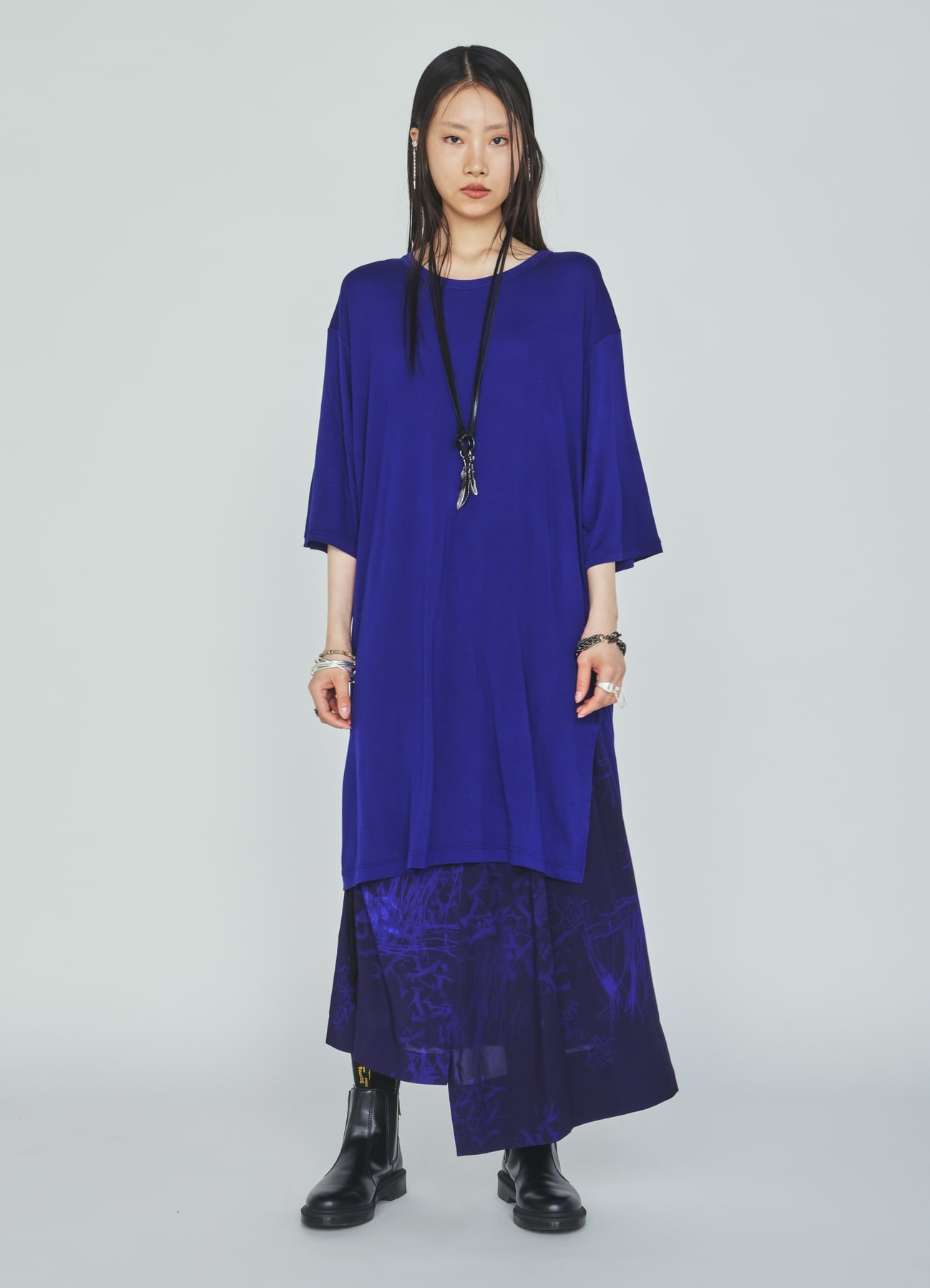 RAYON JERSEY SIDE SLITS LONG T-SHIRT(M Blue): S'YTE｜THE SHOP