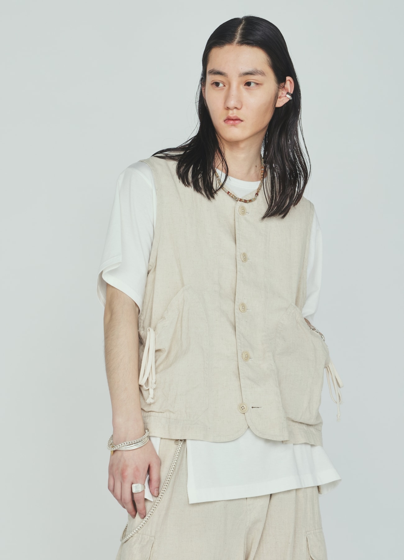 Cotton-Linen Poplin GATHERED POCKET VEST