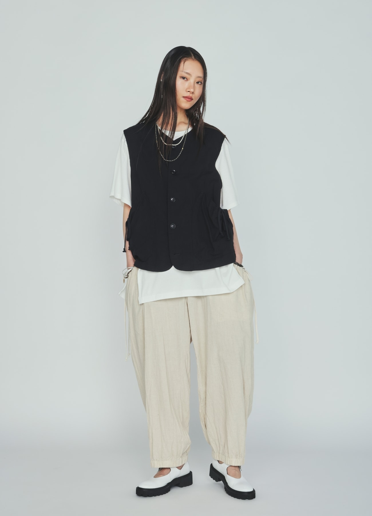Cotton-Linen Poplin GATHERED POCKET VEST