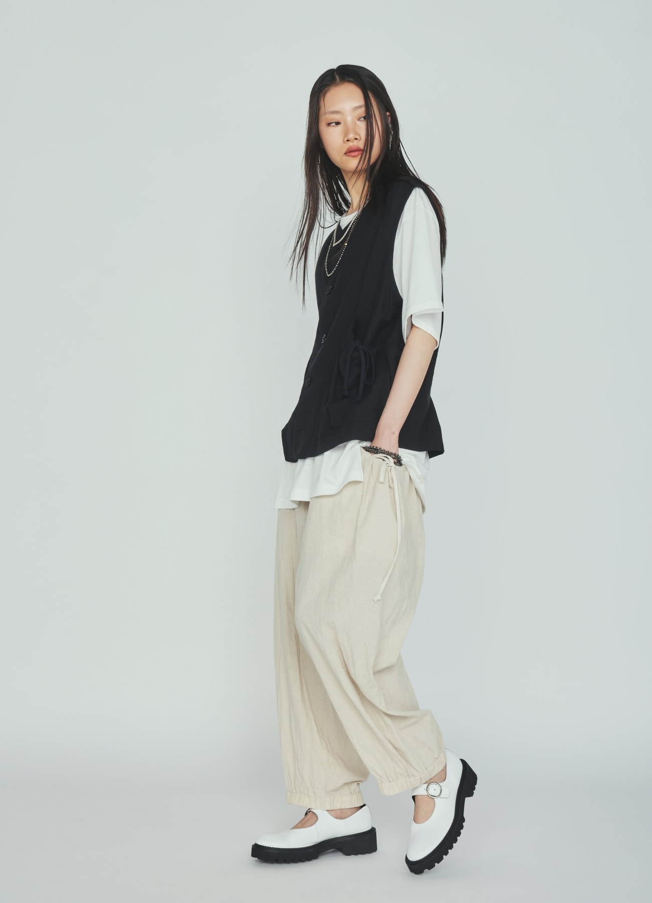 Cotton-Linen Poplin GATHERED POCKET VEST