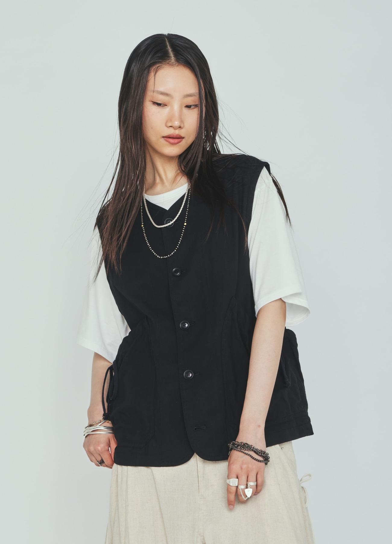 Cotton-Linen Poplin GATHERED POCKET VEST