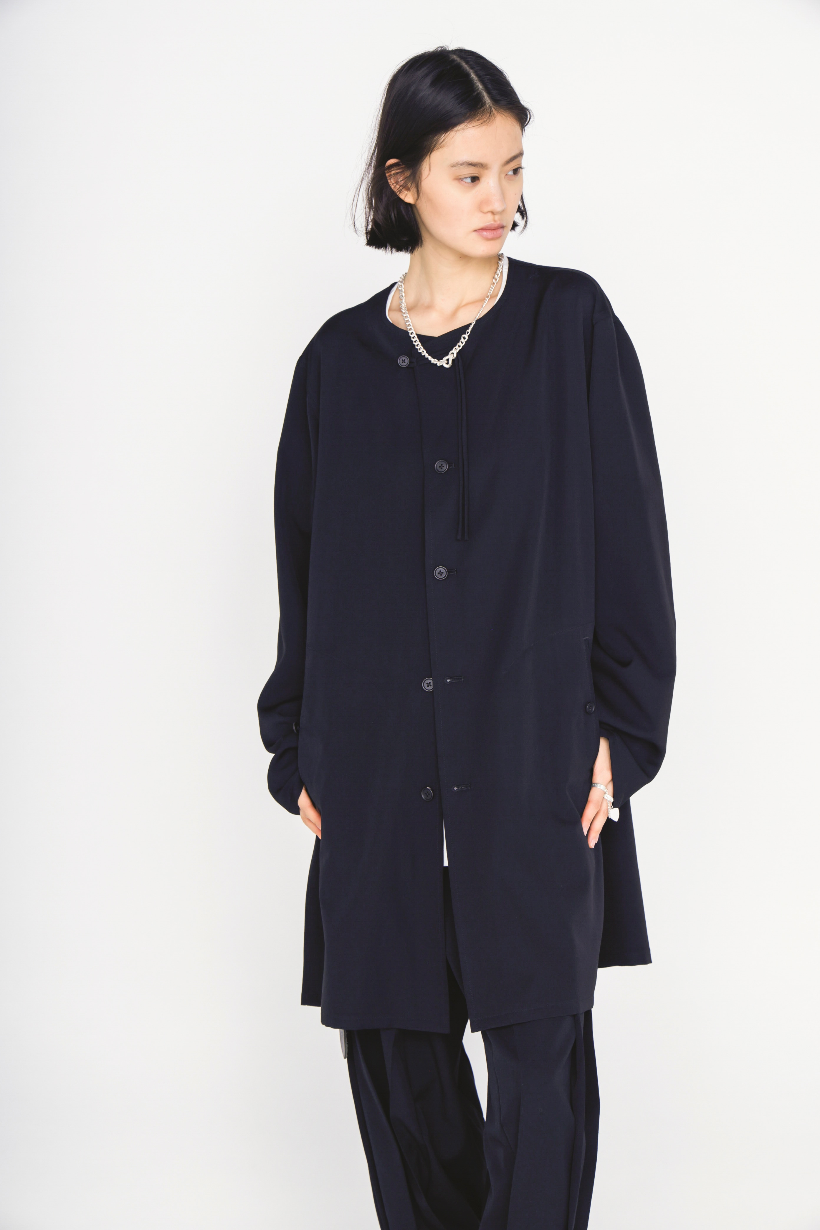 WASHER WOOL GABARDINE COLLARLESS LONG JACKET