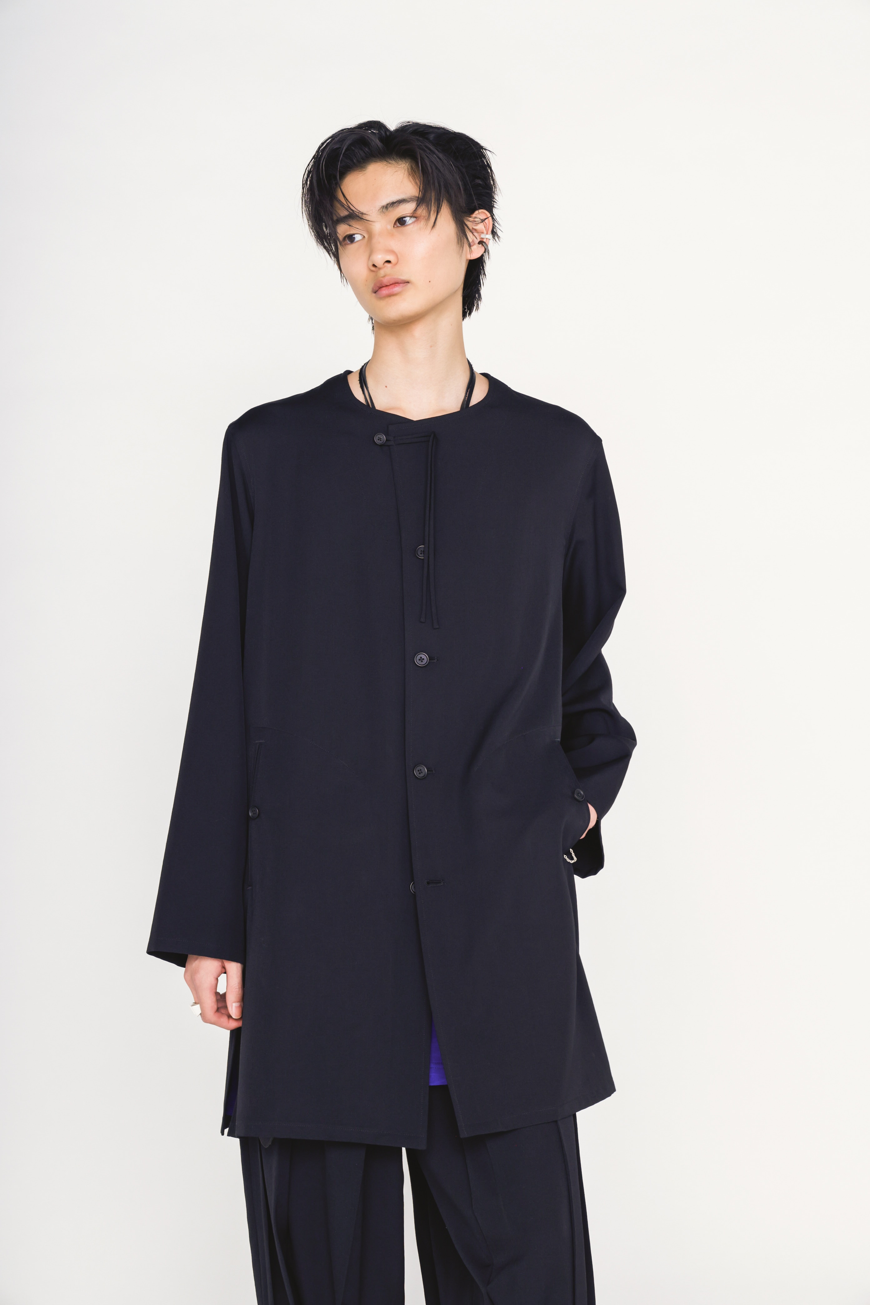 WASHER WOOL GABARDINE COLLARLESS LONG JACKET