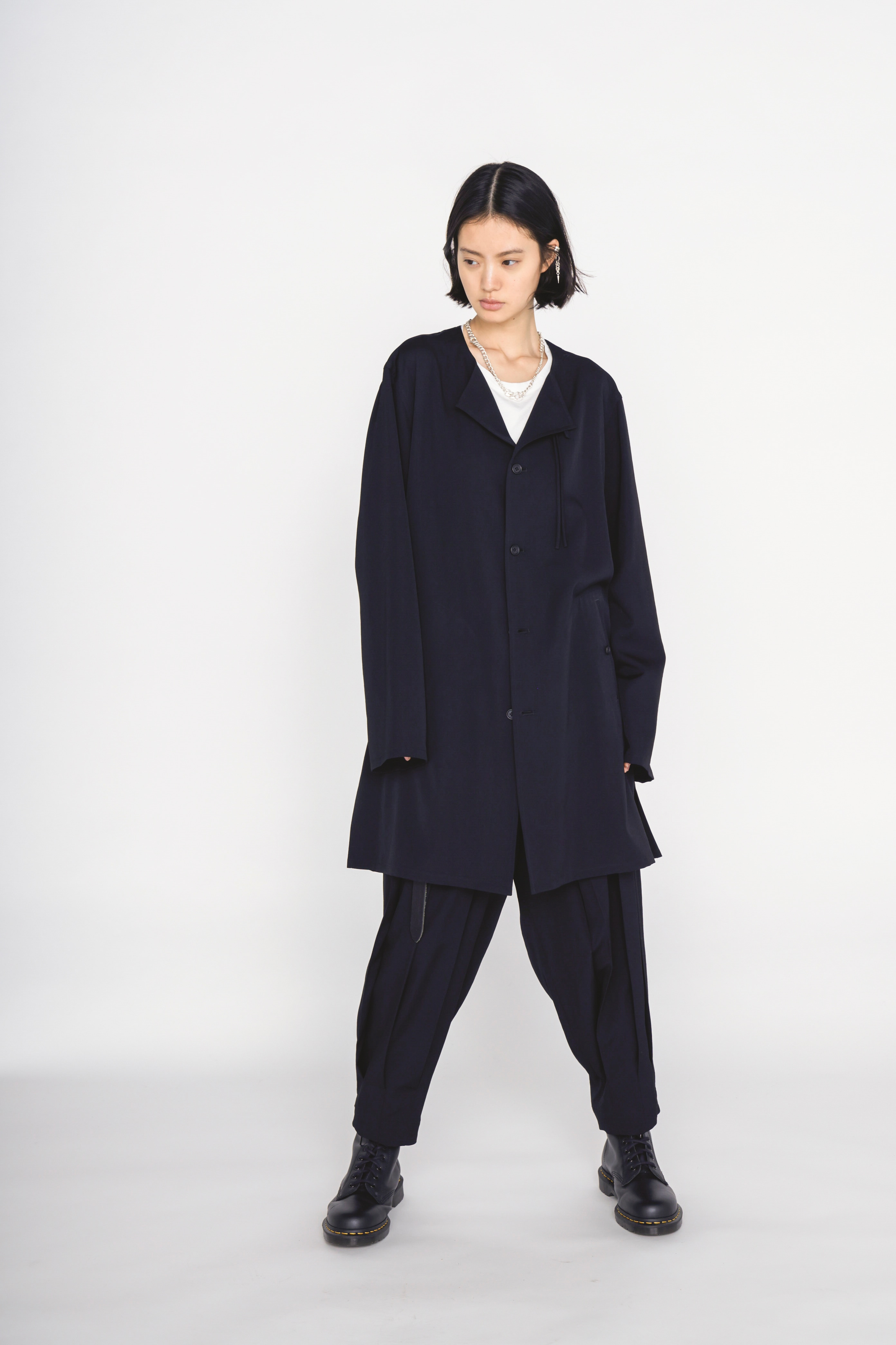 WASHER WOOL GABARDINE COLLARLESS LONG JACKET