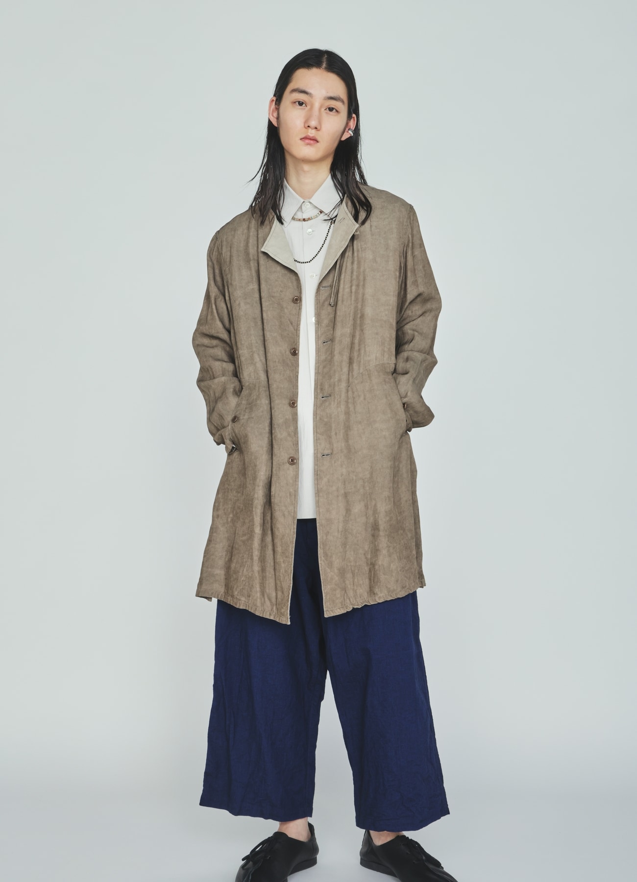 VIS/LI TWILL PIGMENT PRINT COLLARLESS LONG JACKET(M Khaki): S'YTE