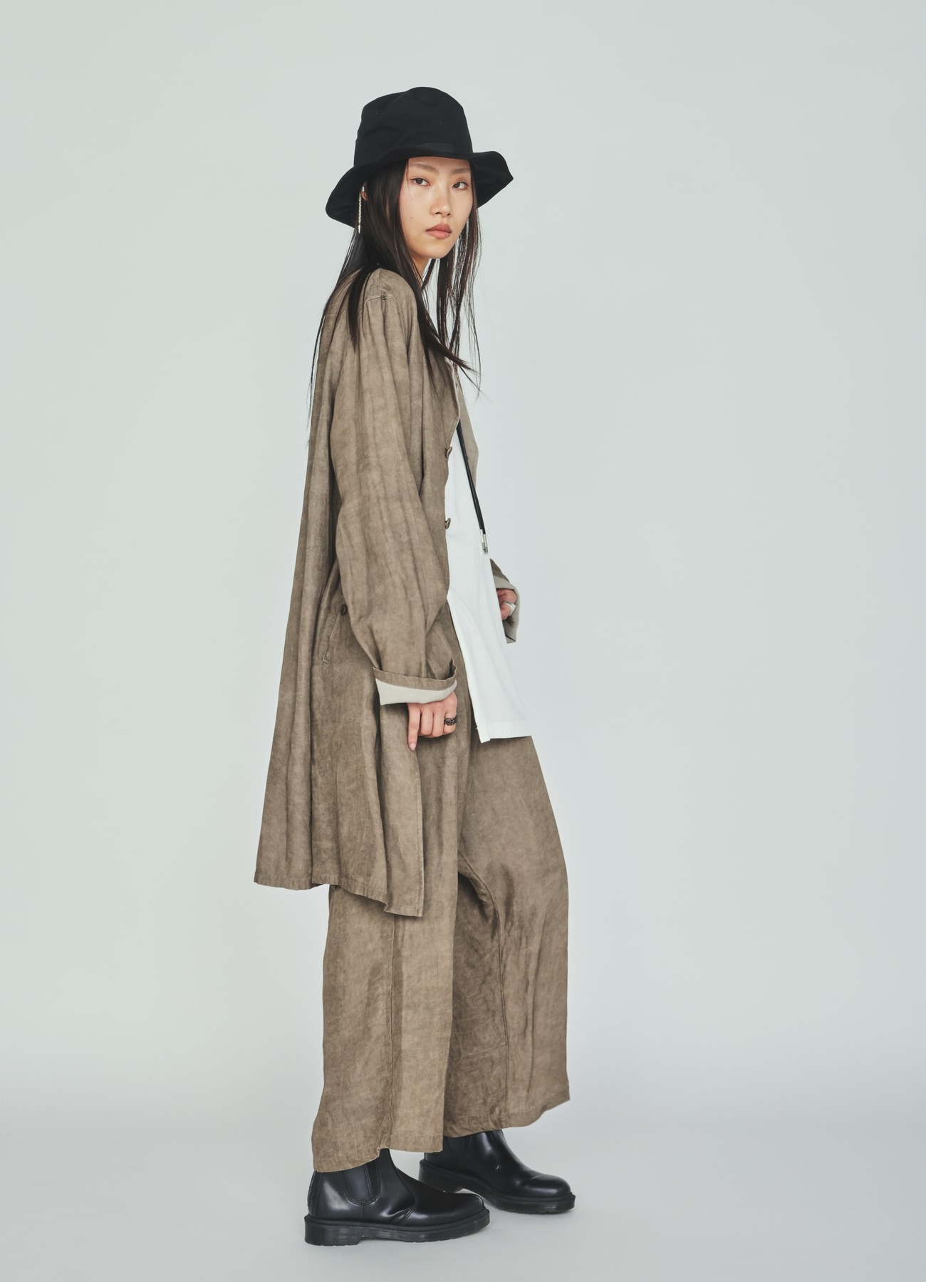 VIS/LI TWILL PIGMENT PRINT COLLARLESS LONG JACKET(M Khaki): S'YTE