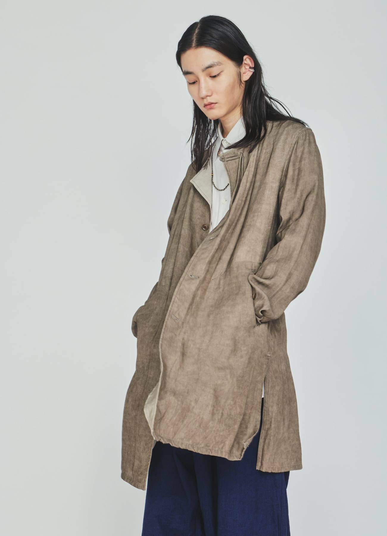 VIS/LI TWILL PIGMENT PRINT COLLARLESS LONG JACKET