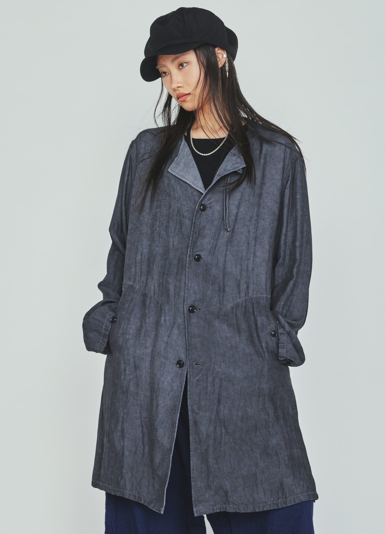 VIS/LI TWILL PIGMENT PRINT COLLARLESS LONG JACKET
