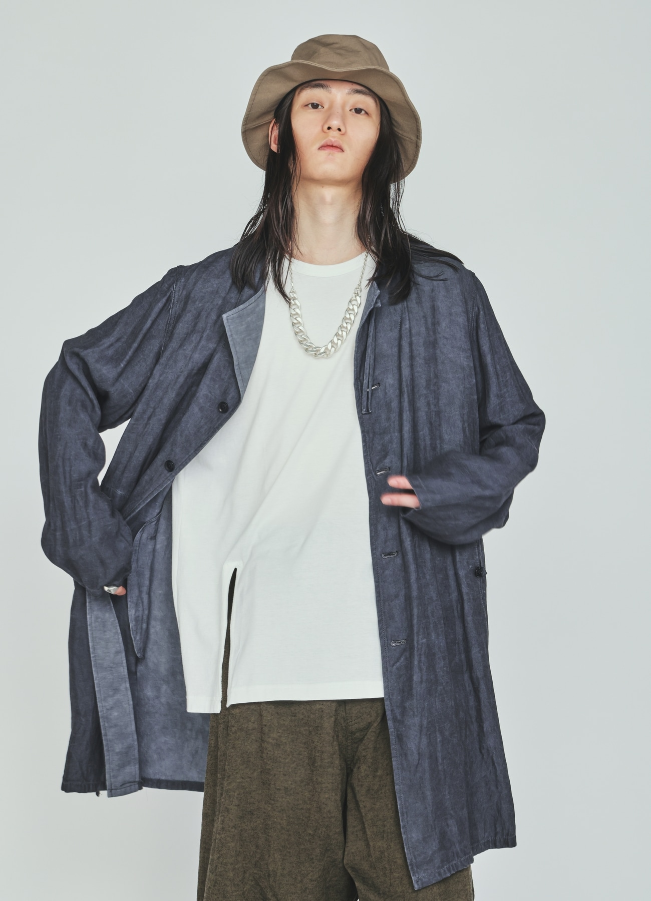 VIS/LI TWILL PIGMENT PRINT COLLARLESS LONG JACKET