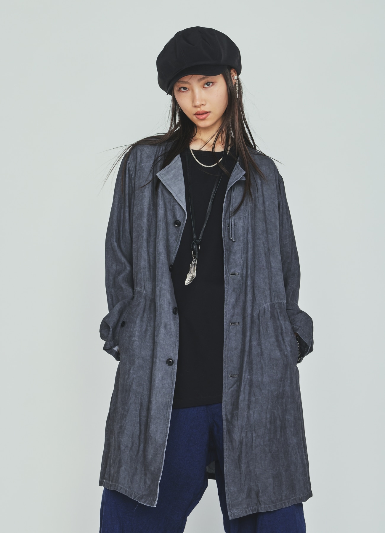 VIS/LI TWILL PIGMENT PRINT COLLARLESS LONG JACKET