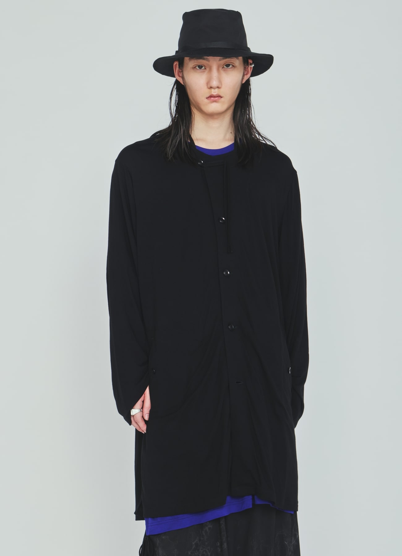 RAYON JERSEY COLLARLESS LONG JACKET