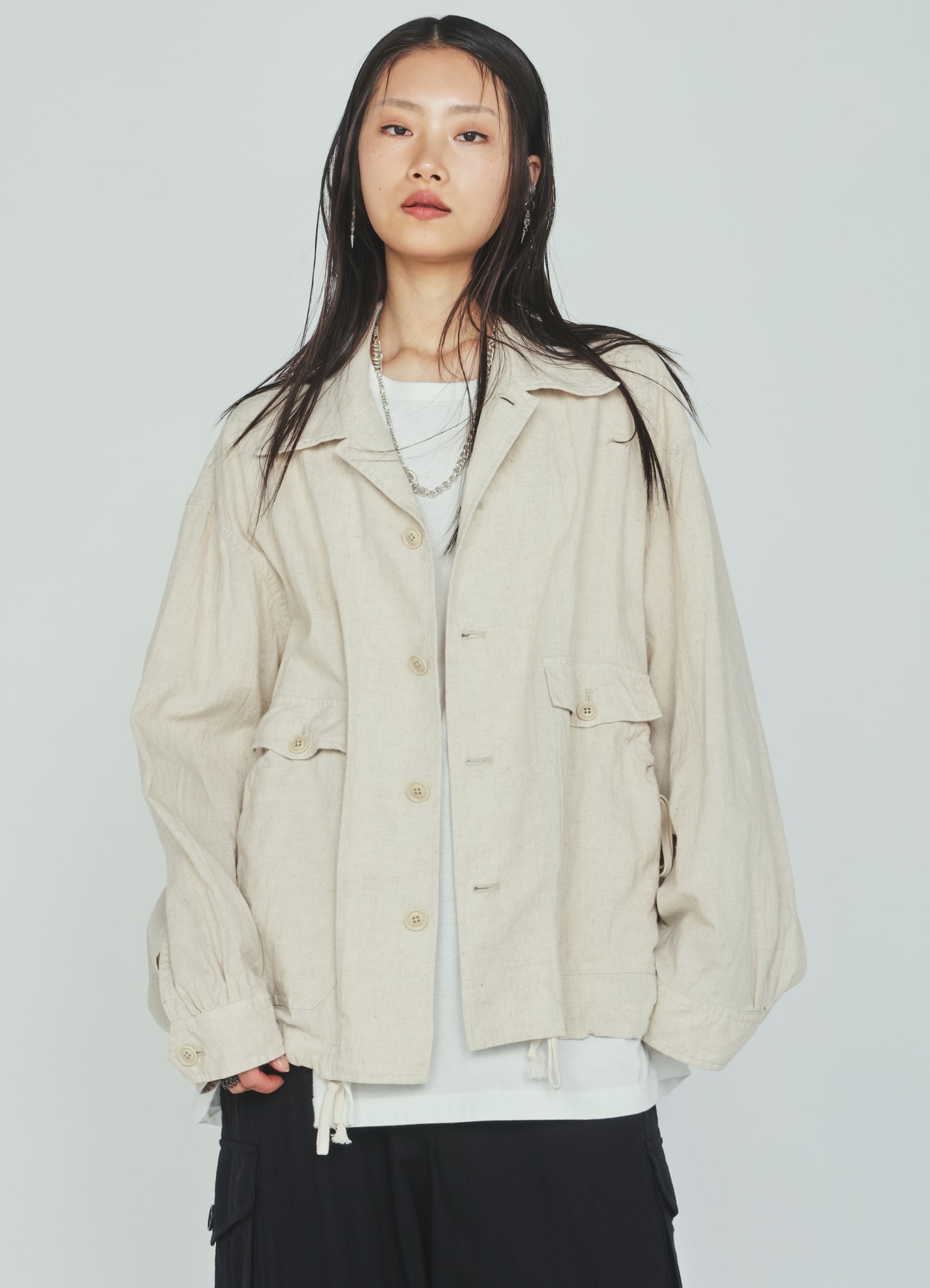 Cotton-Linen Poplin GATHERED POCKET BLOUSON