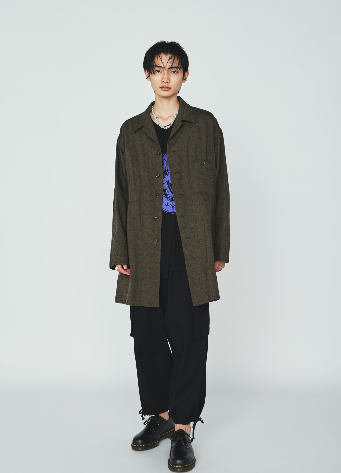 COTTON/LINEN CANVAS SOFRON OVERSIZED LONG SHIRT BLOUSON WITH WORK DETAIL