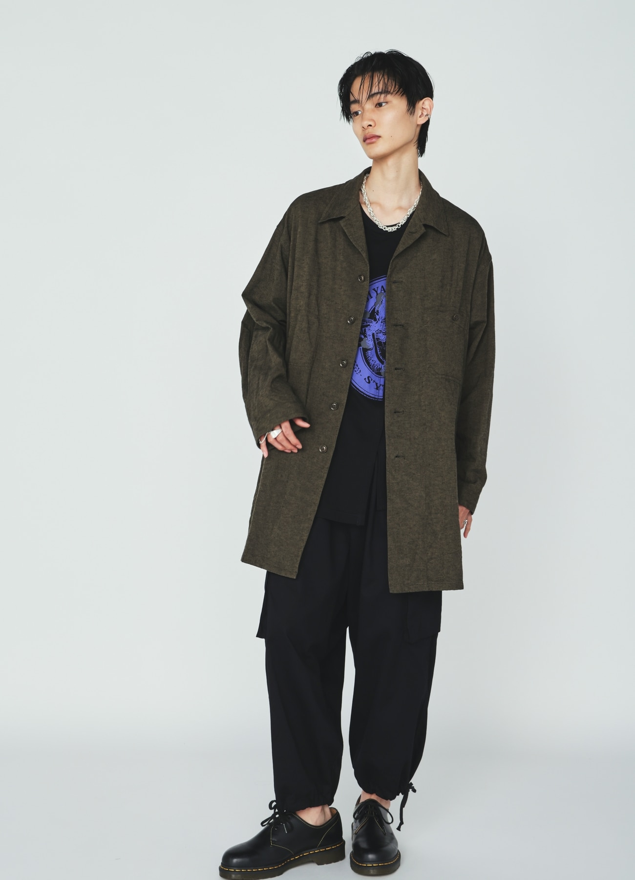 COTTON/LINEN CANVAS SOFRON OVERSIZED LONG SHIRT BLOUSON WITH WORK DETAIL