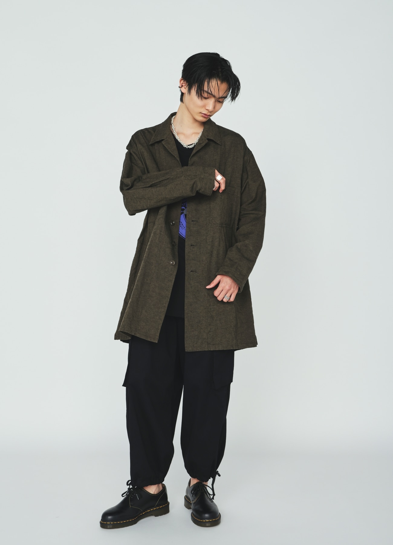 COTTON/LINEN CANVAS SOFRON OVERSIZED LONG SHIRT BLOUSON WITH WORK DETAIL