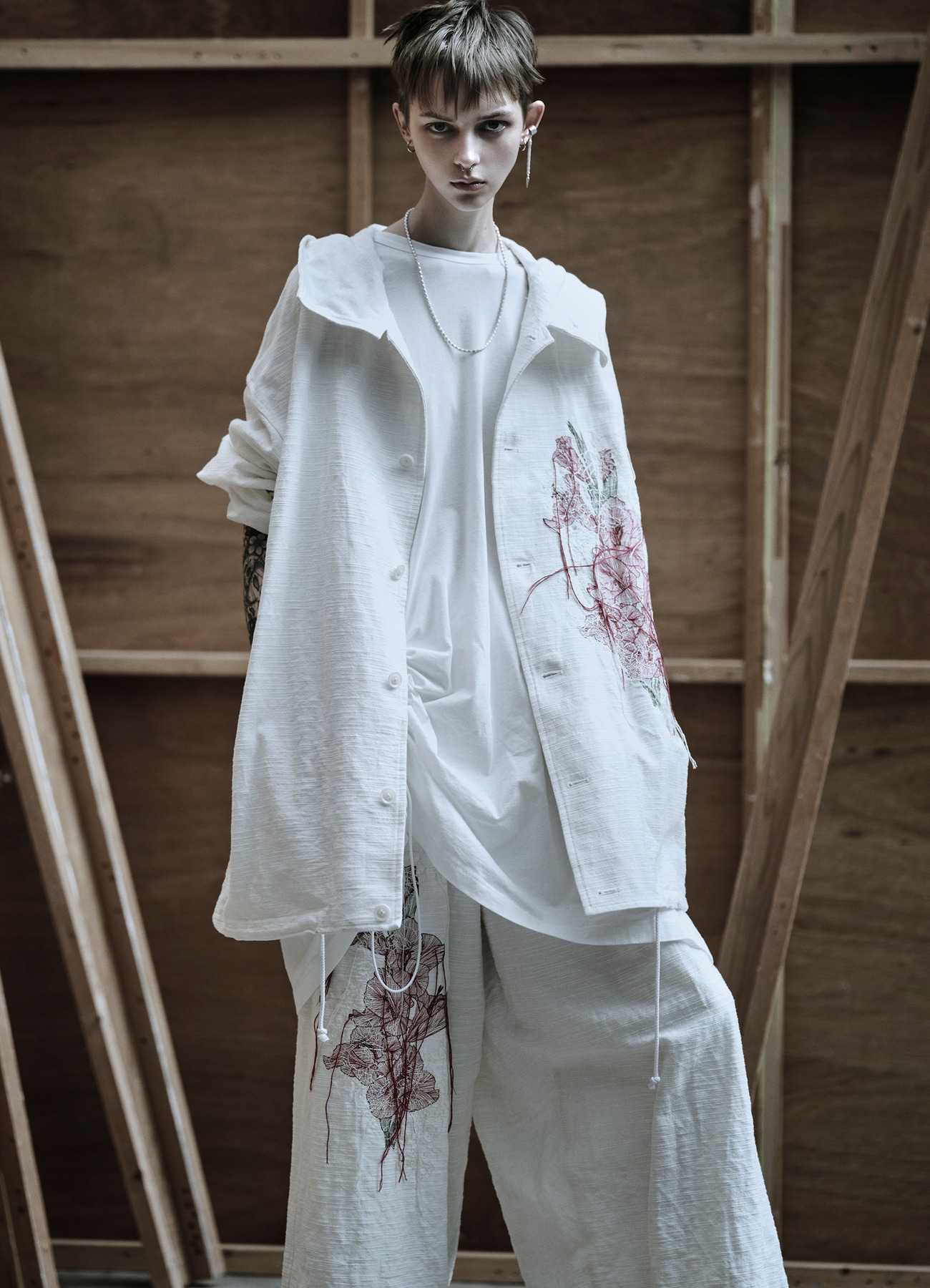 COTTON/LINEN FLOWER EMBROIDERY PARKA