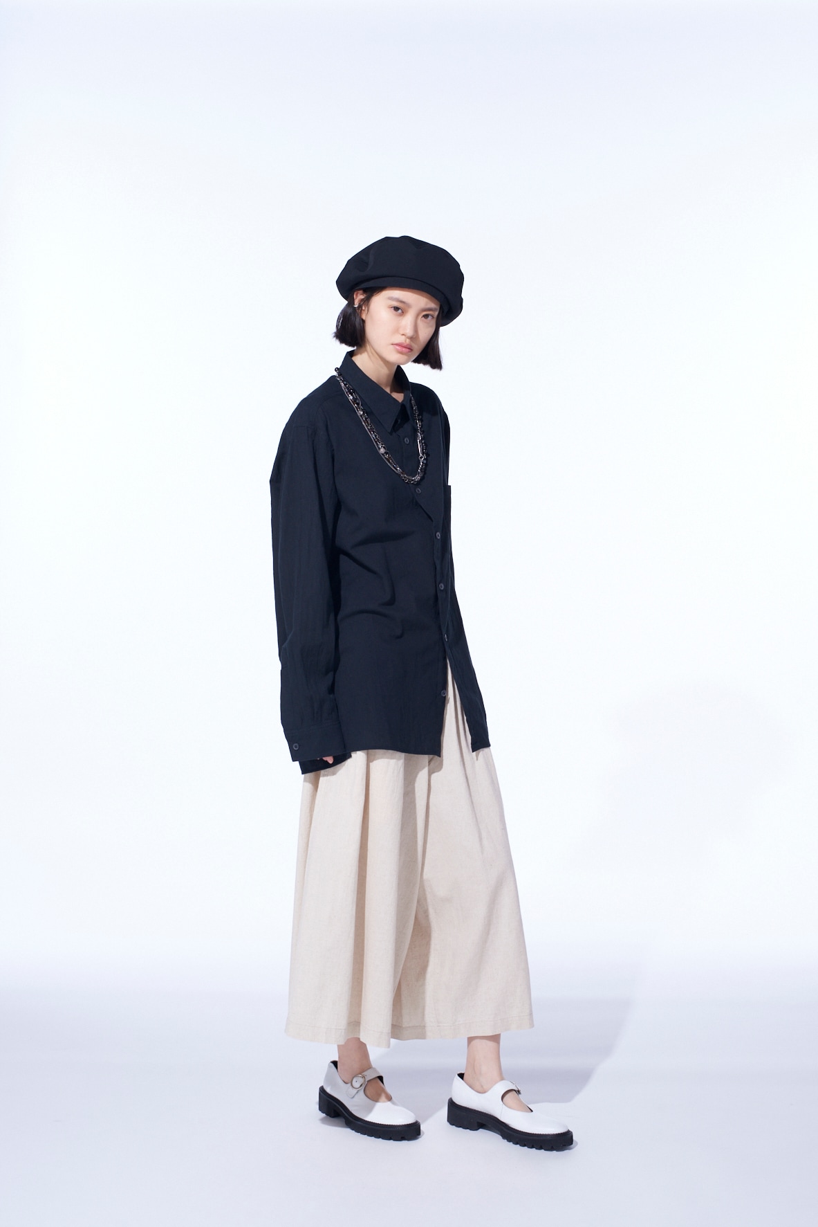 COTTON/LINEN POPLIN LOOSE-FIT REGULAR COLLAR SHIRT