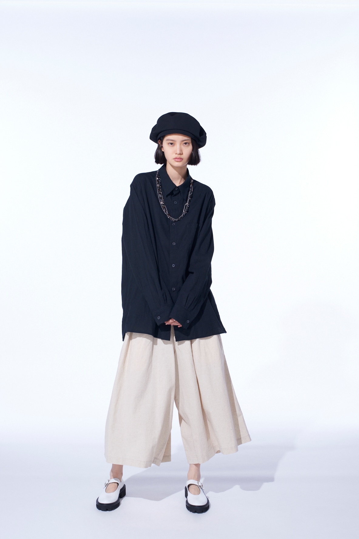 COTTON/LINEN POPLIN LOOSE-FIT REGULAR COLLAR SHIRT