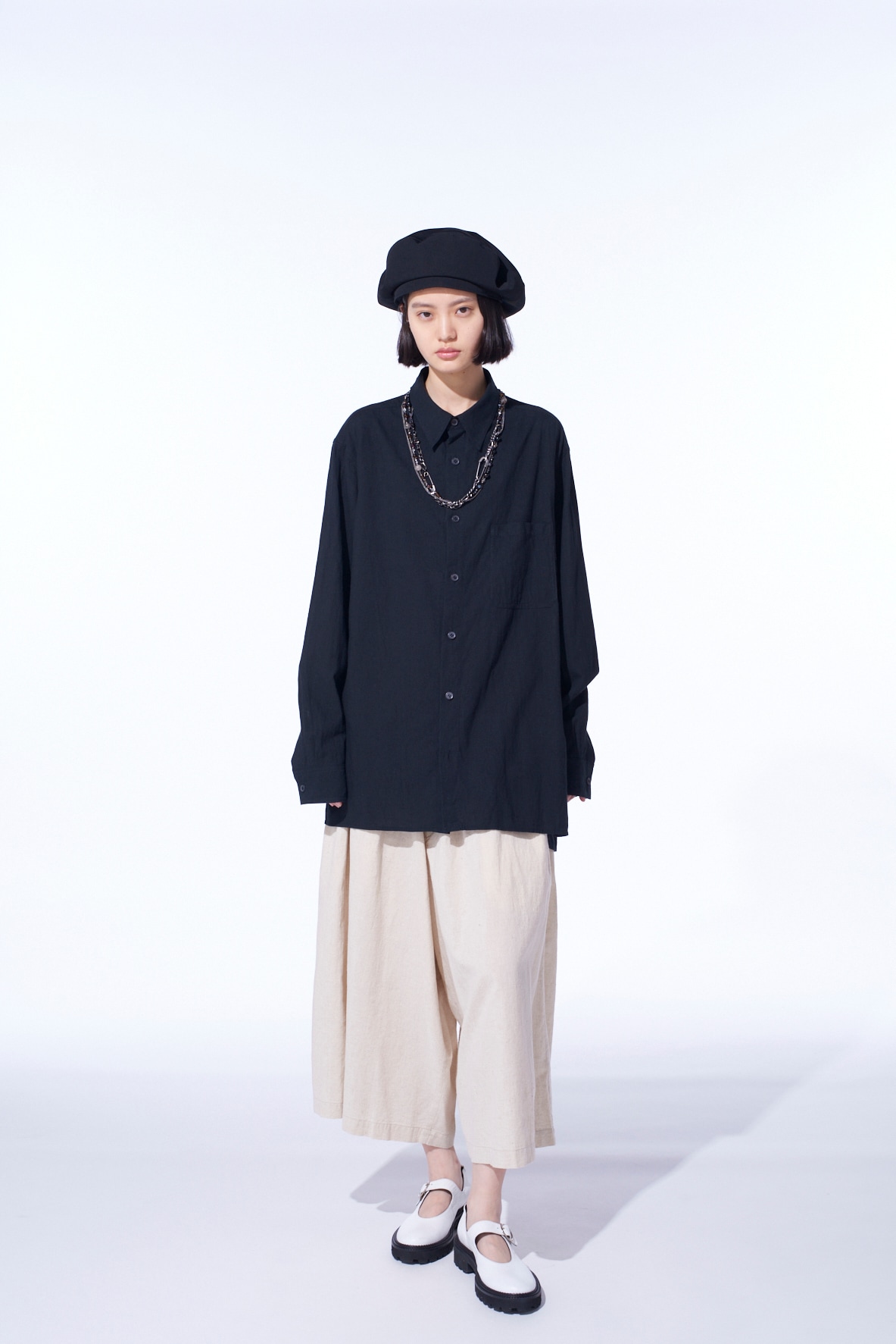 COTTON/LINEN POPLIN LOOSE-FIT REGULAR COLLAR SHIRT