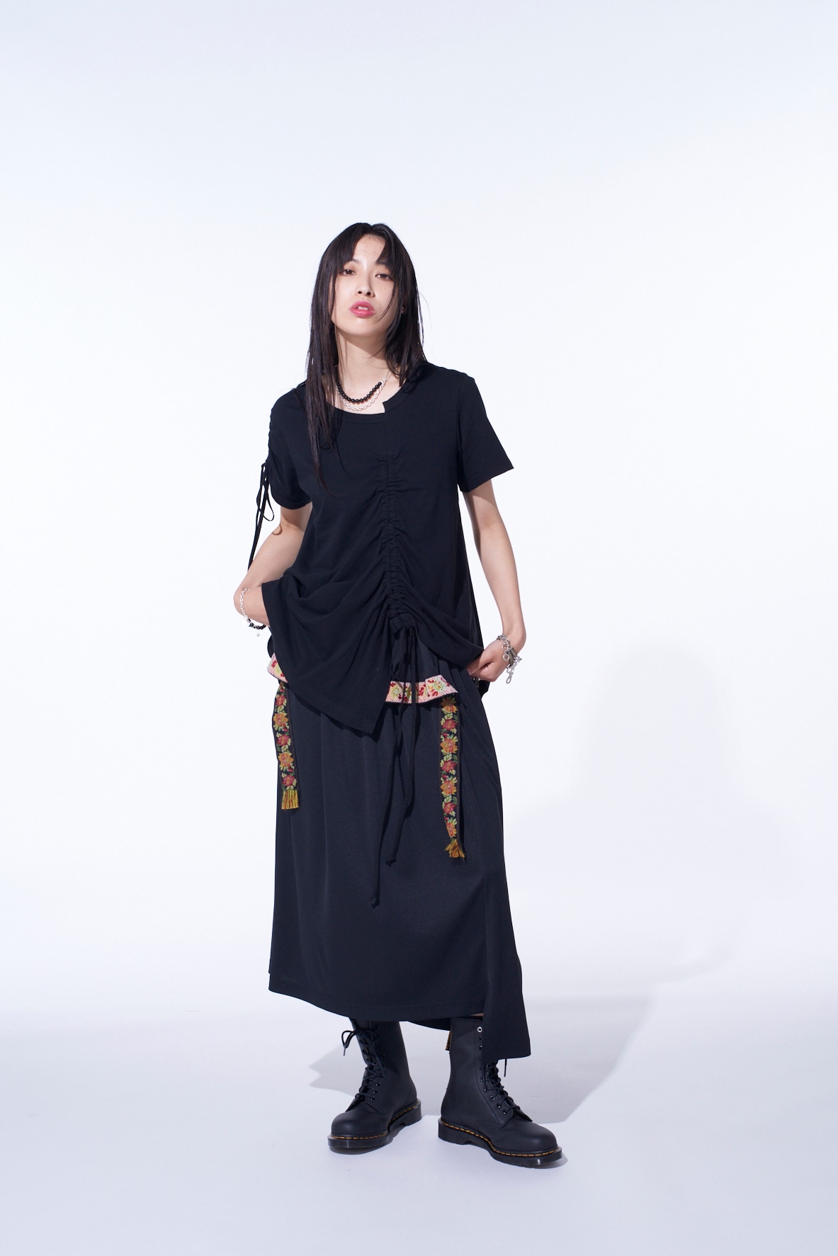 PE/SMOOTH JERSEY WAIST-STRING GATHERED SKIRT WITH TYROLEAN TAPES