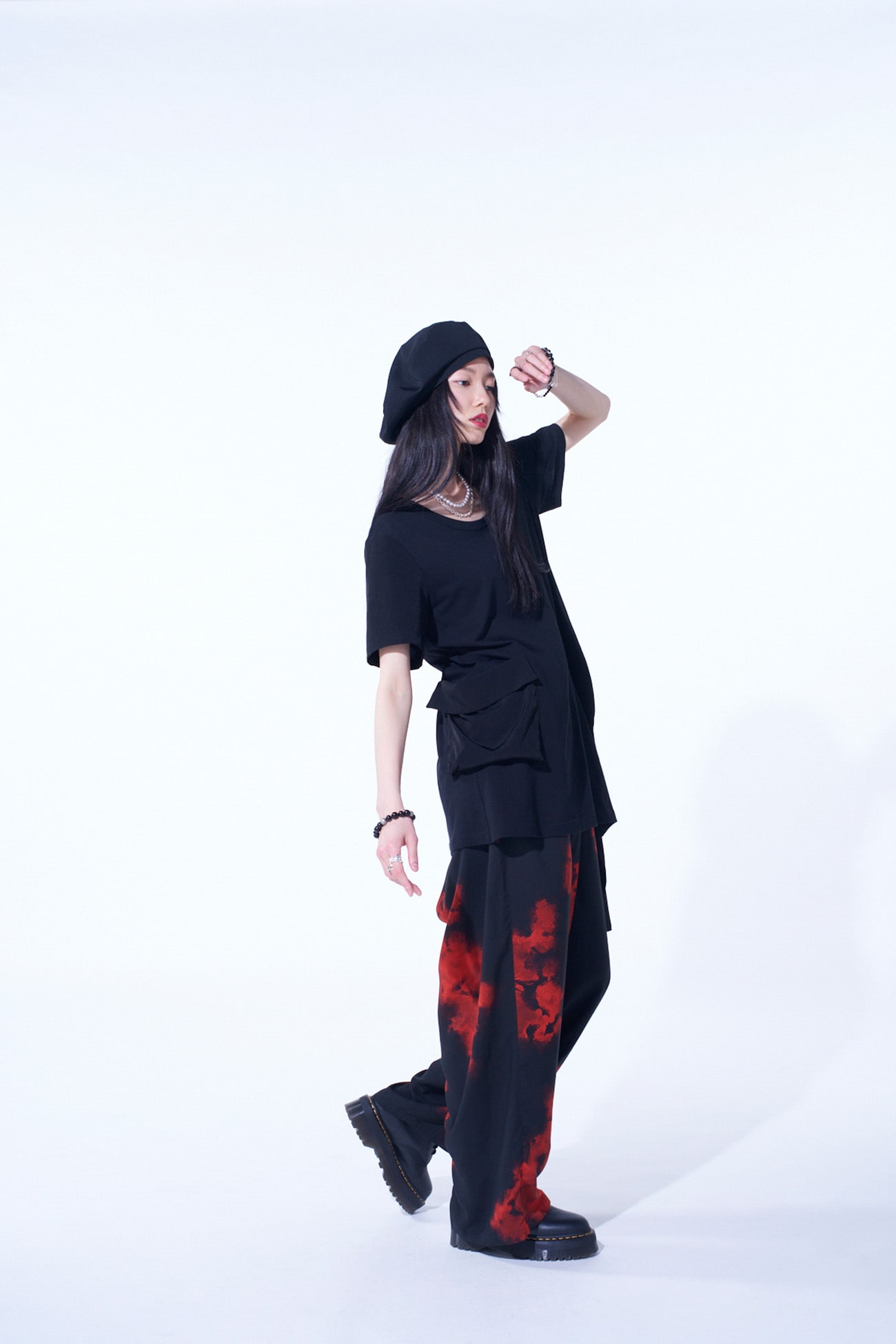 SOFT JERSEY+CREPE de CHINE POCKET SIDE SLIT KNOT T-SHIRT